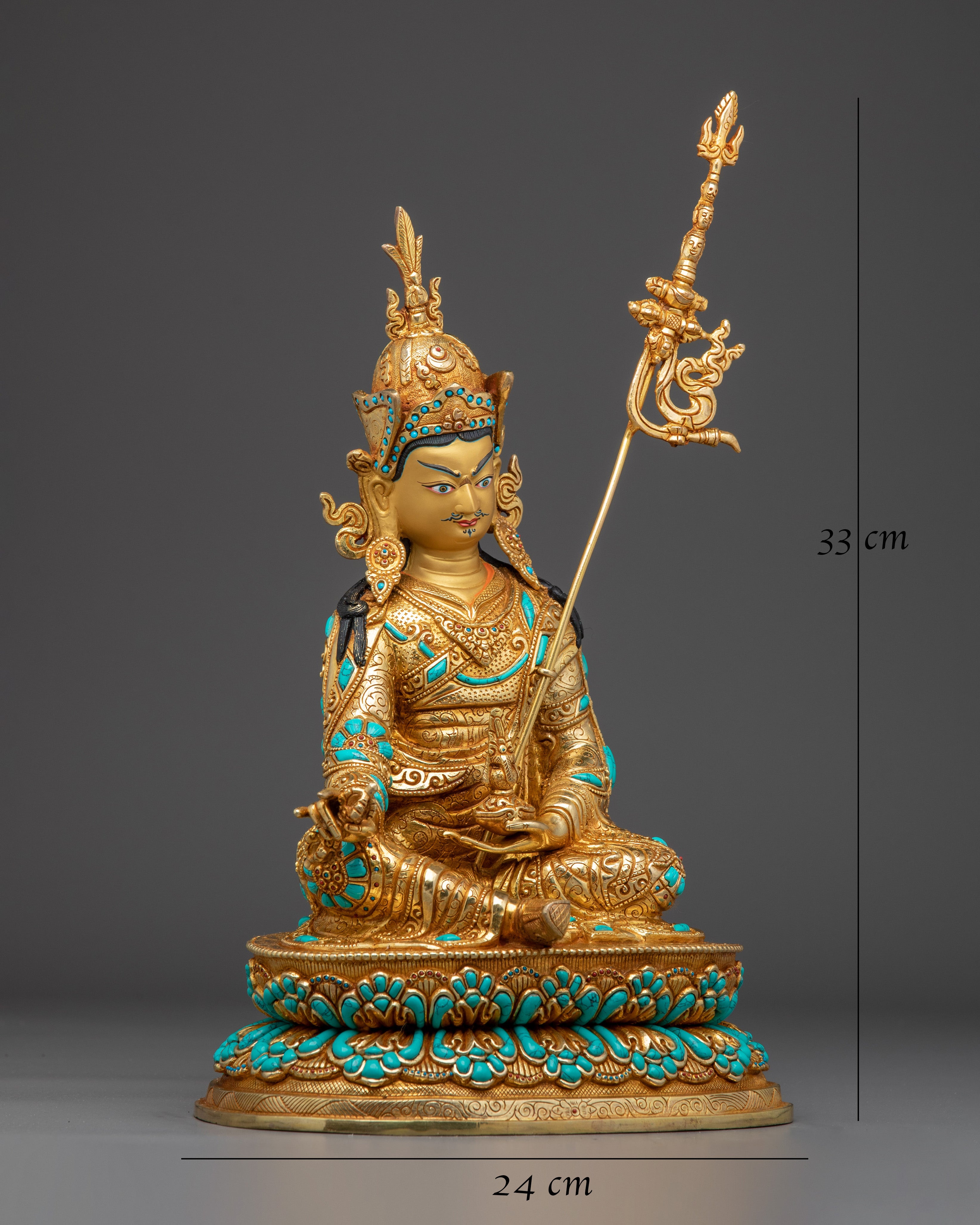Guru Rinpoche statue in 24K gold gilded copper