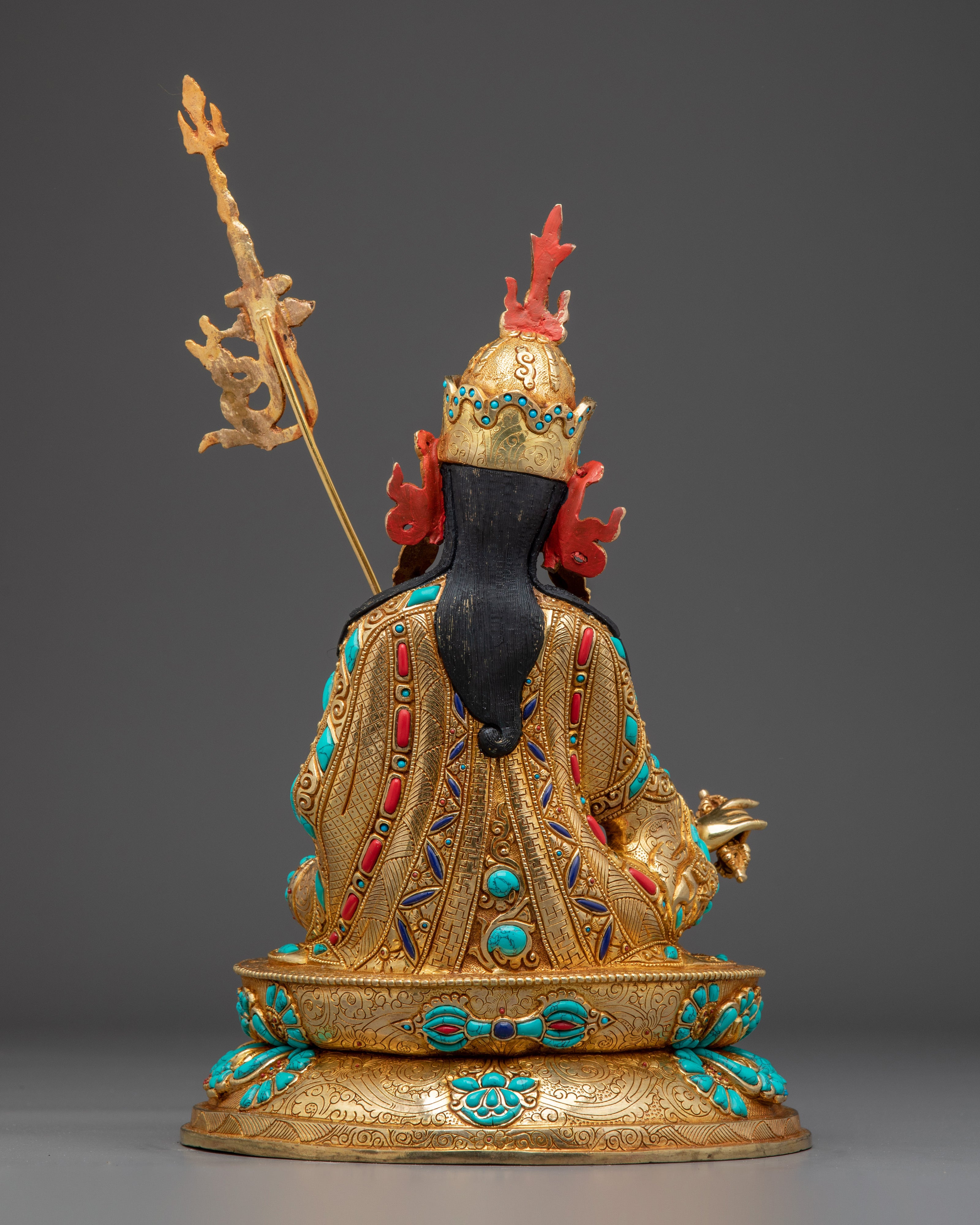 Guru Rinpoche statue in 24K gold gilded copper | Gemstones & Acrylic Paintings