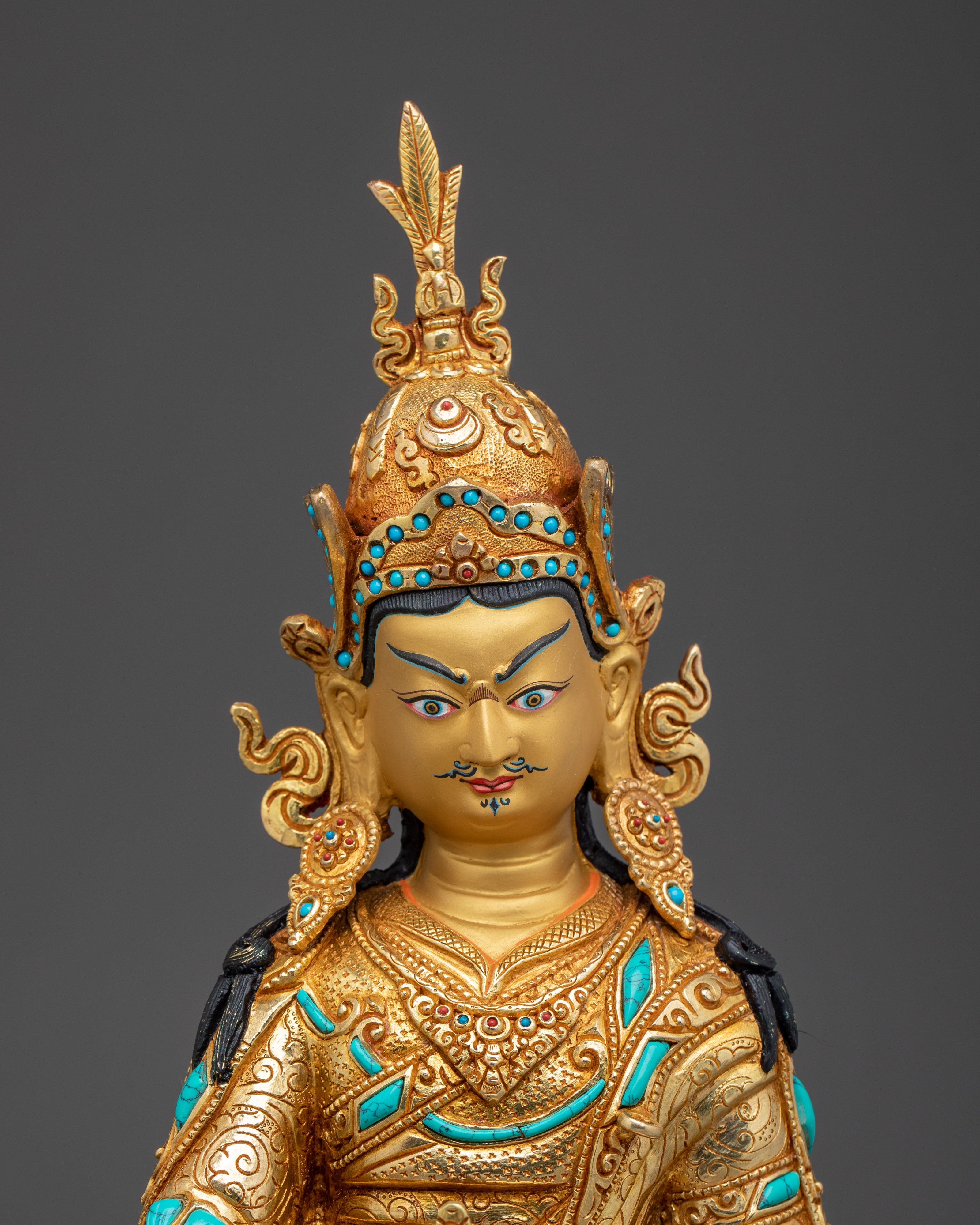 Guru Rinpoche statue in 24K gold gilded copper | Gemstones & Acrylic Paintings