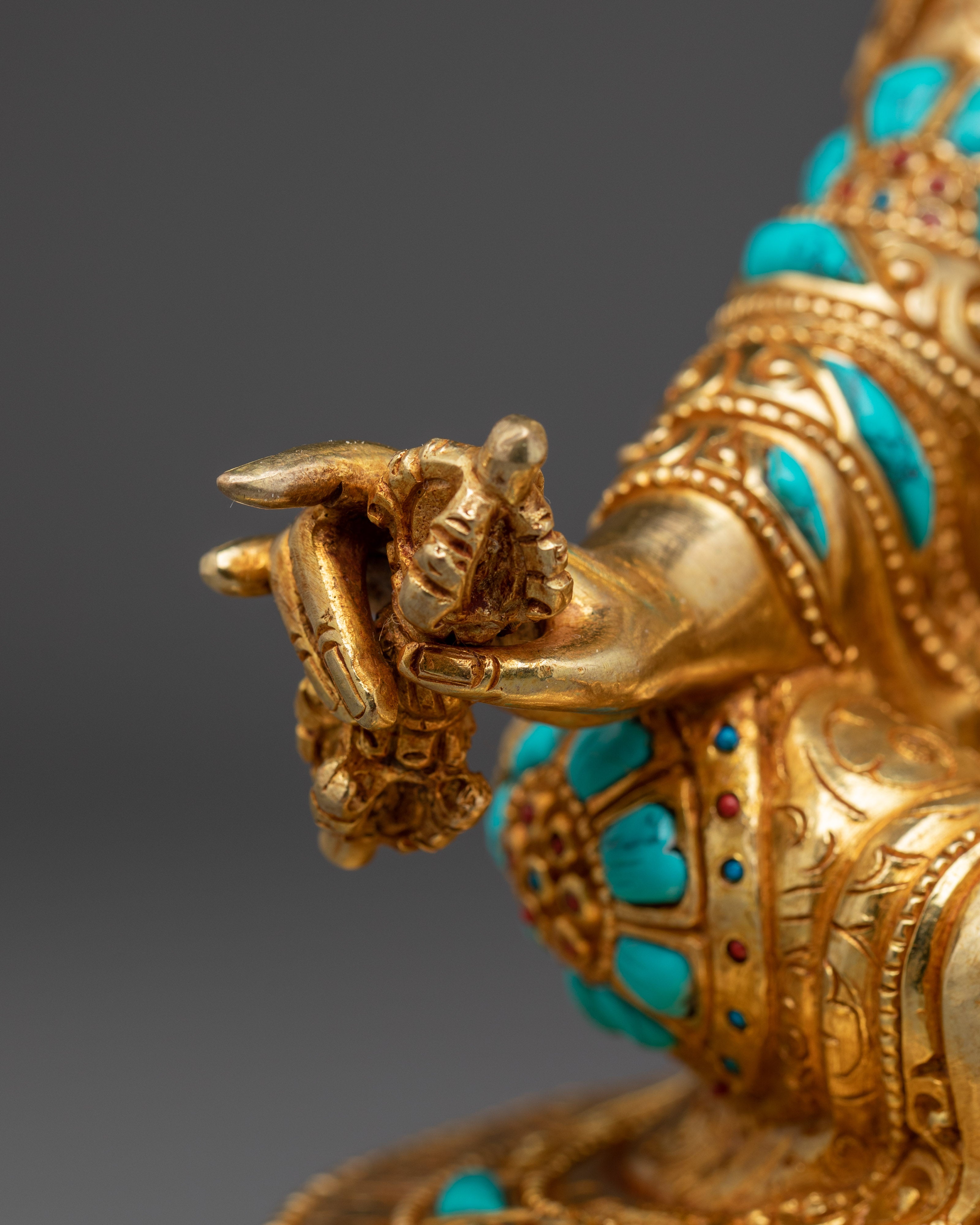 Guru Rinpoche statue in 24K gold gilded copper | Gemstones & Acrylic Paintings