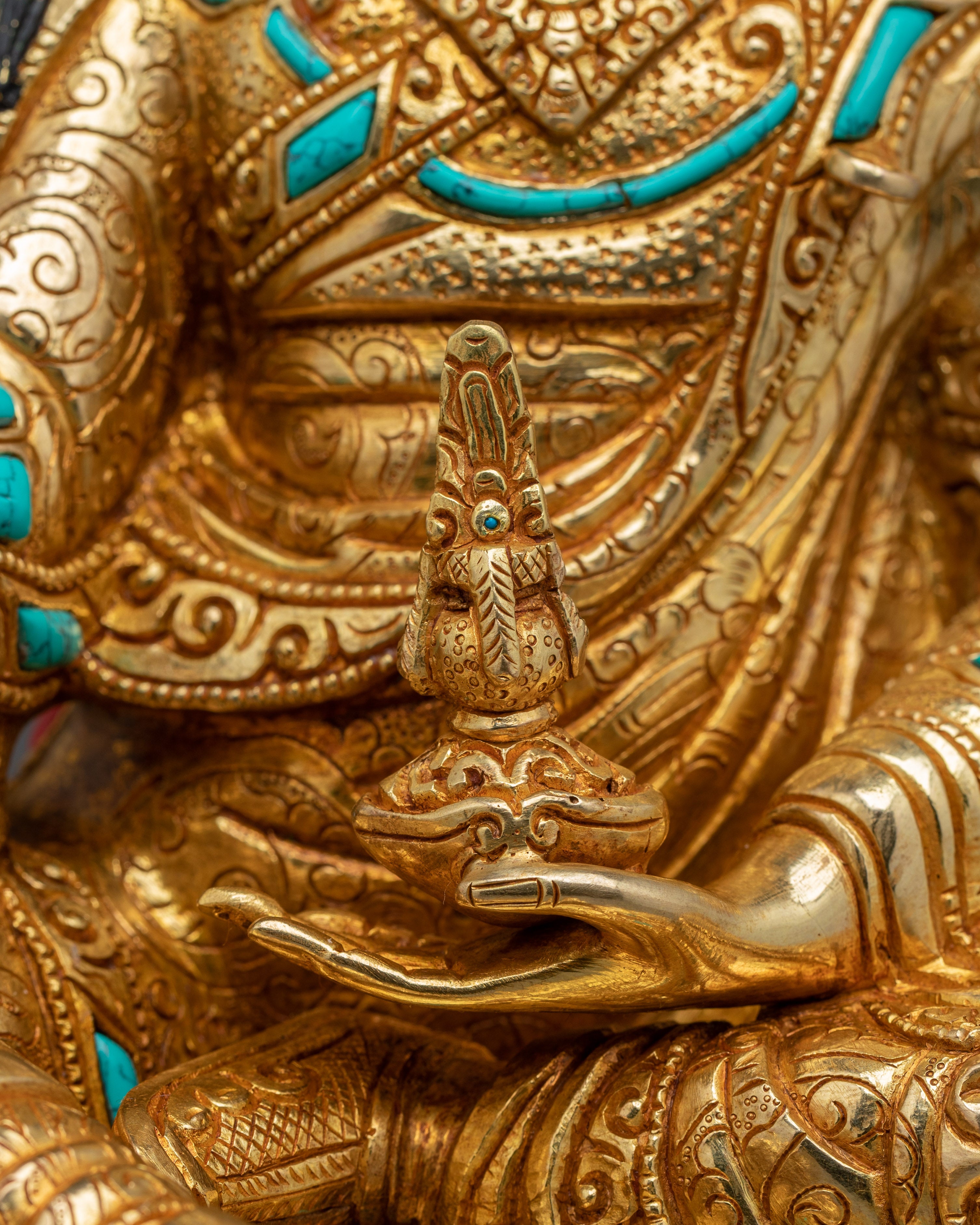 Guru Rinpoche statue in 24K gold gilded copper | Gemstones & Acrylic Paintings