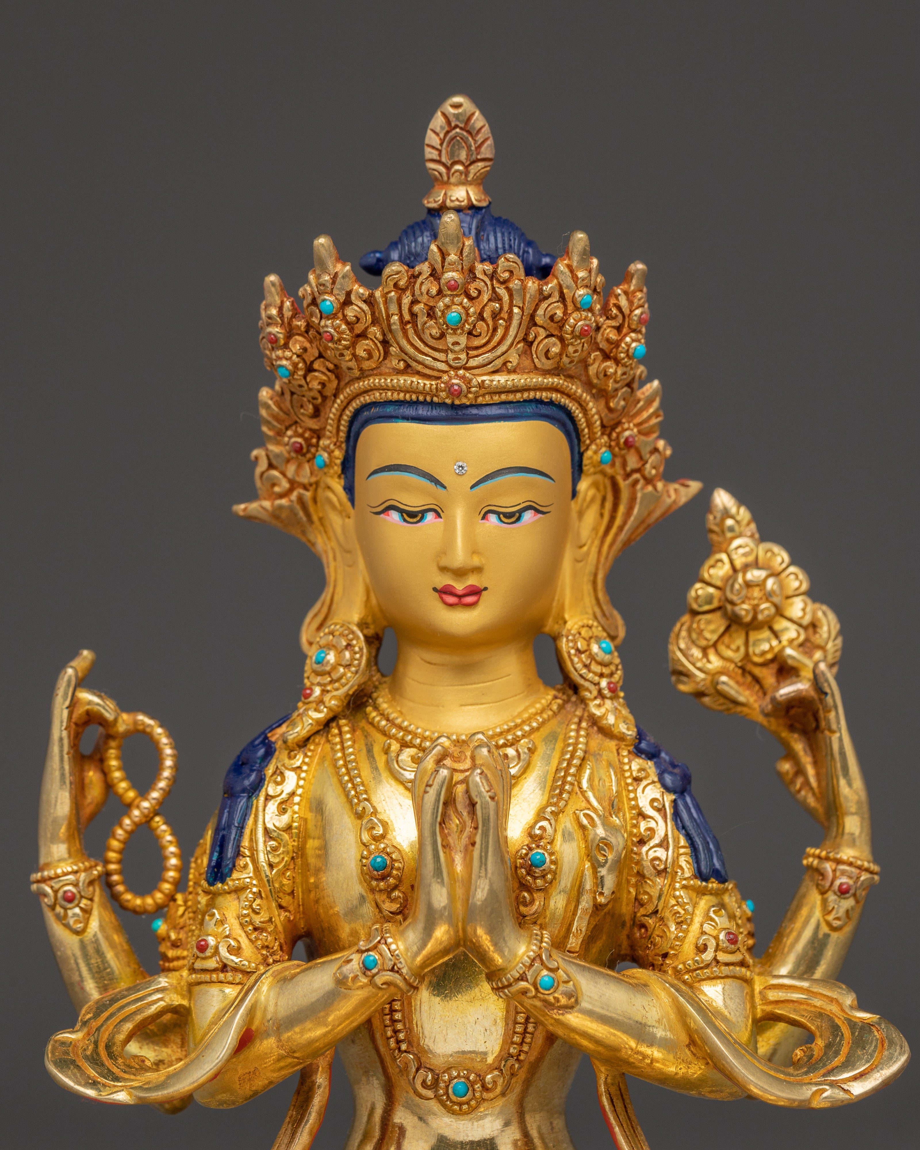 Gold Gilded Chenrezig Sculpture | Handcrafted Tibetan Icon