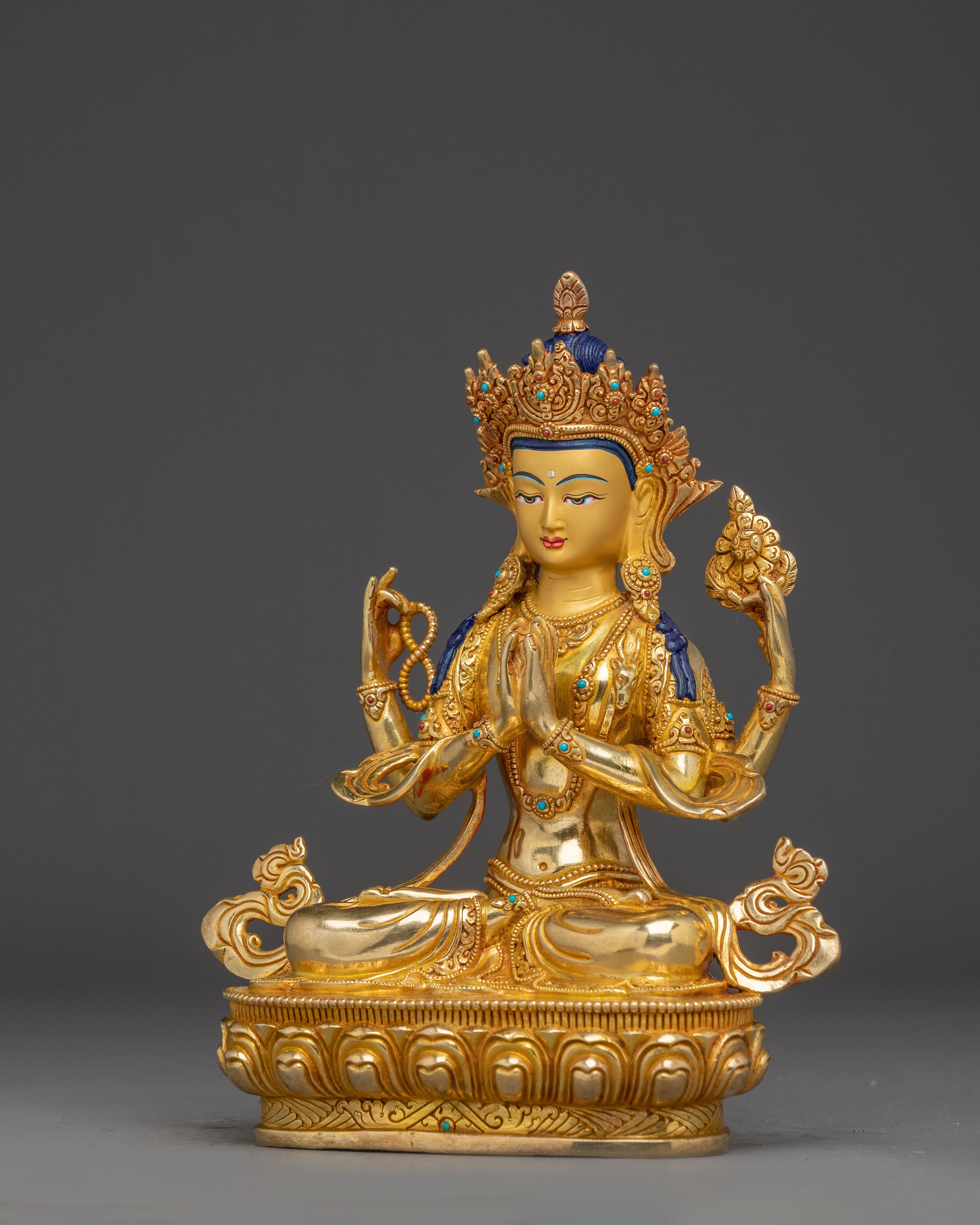 Gold Gilded Chenrezig Sculpture | Handcrafted Tibetan Icon