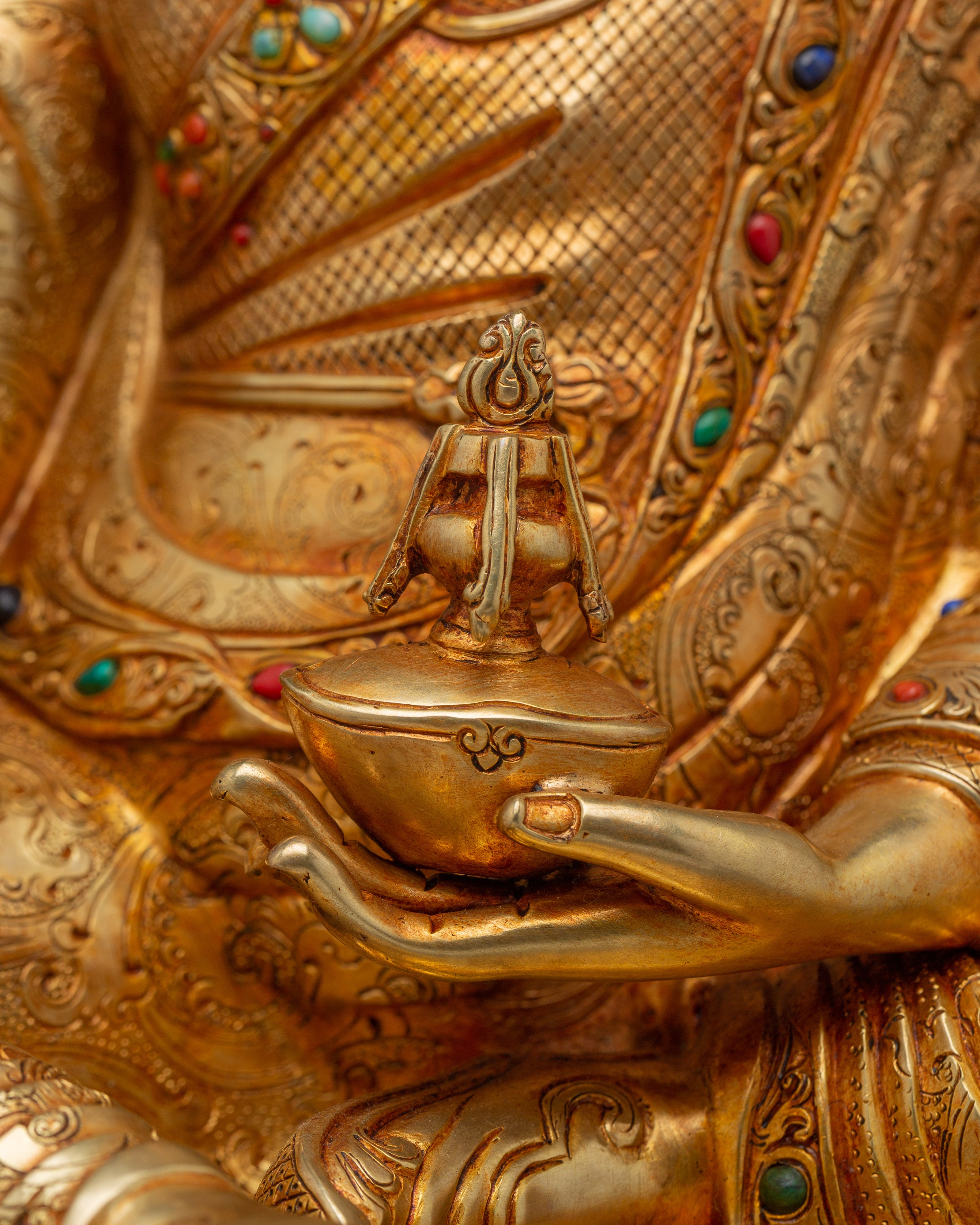 Sacred Guru Rinpoche on Lotus Throne | Gold Gilded Tibetan Statue