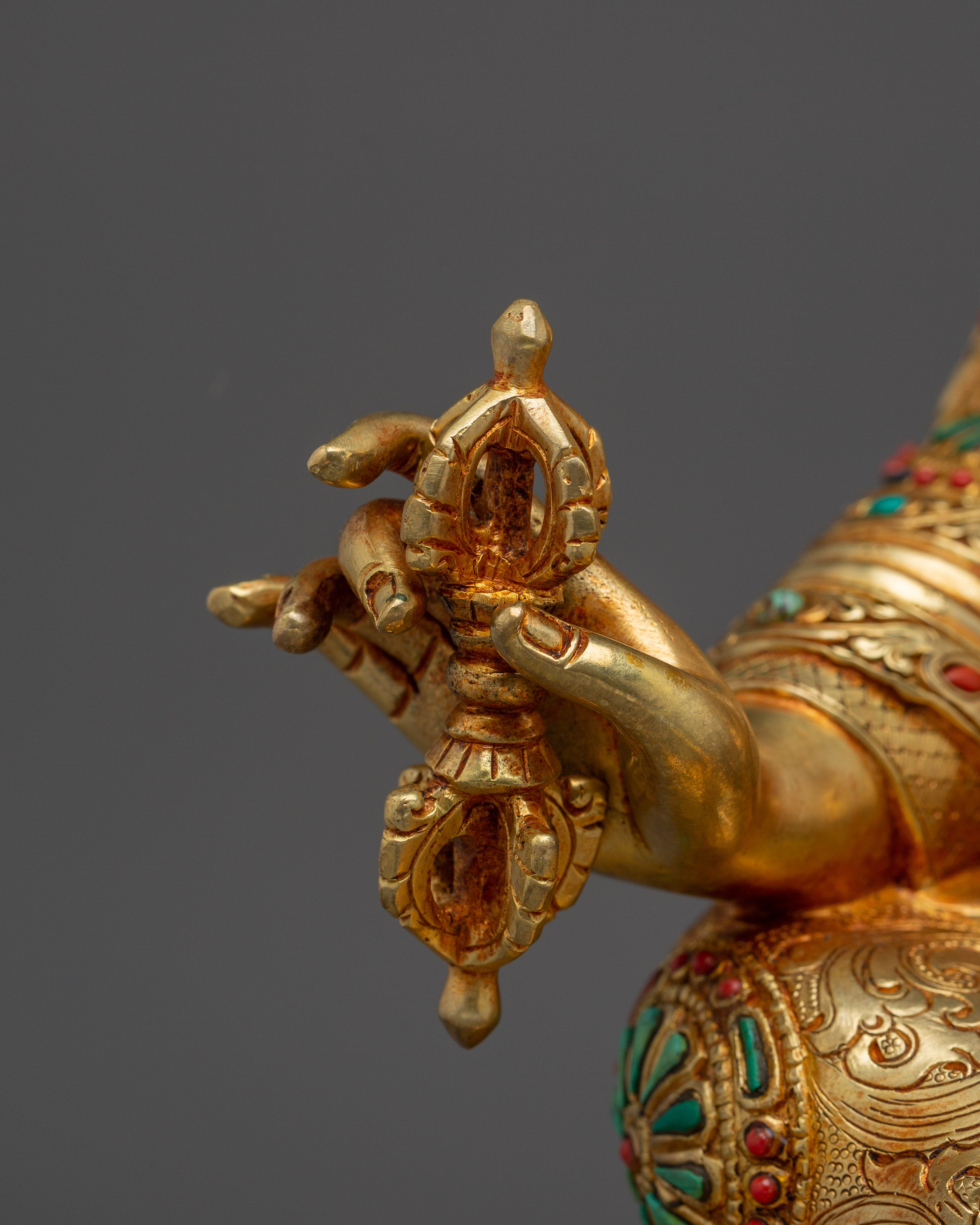 Sacred Guru Rinpoche on Lotus Throne | Gold Gilded Tibetan Statue