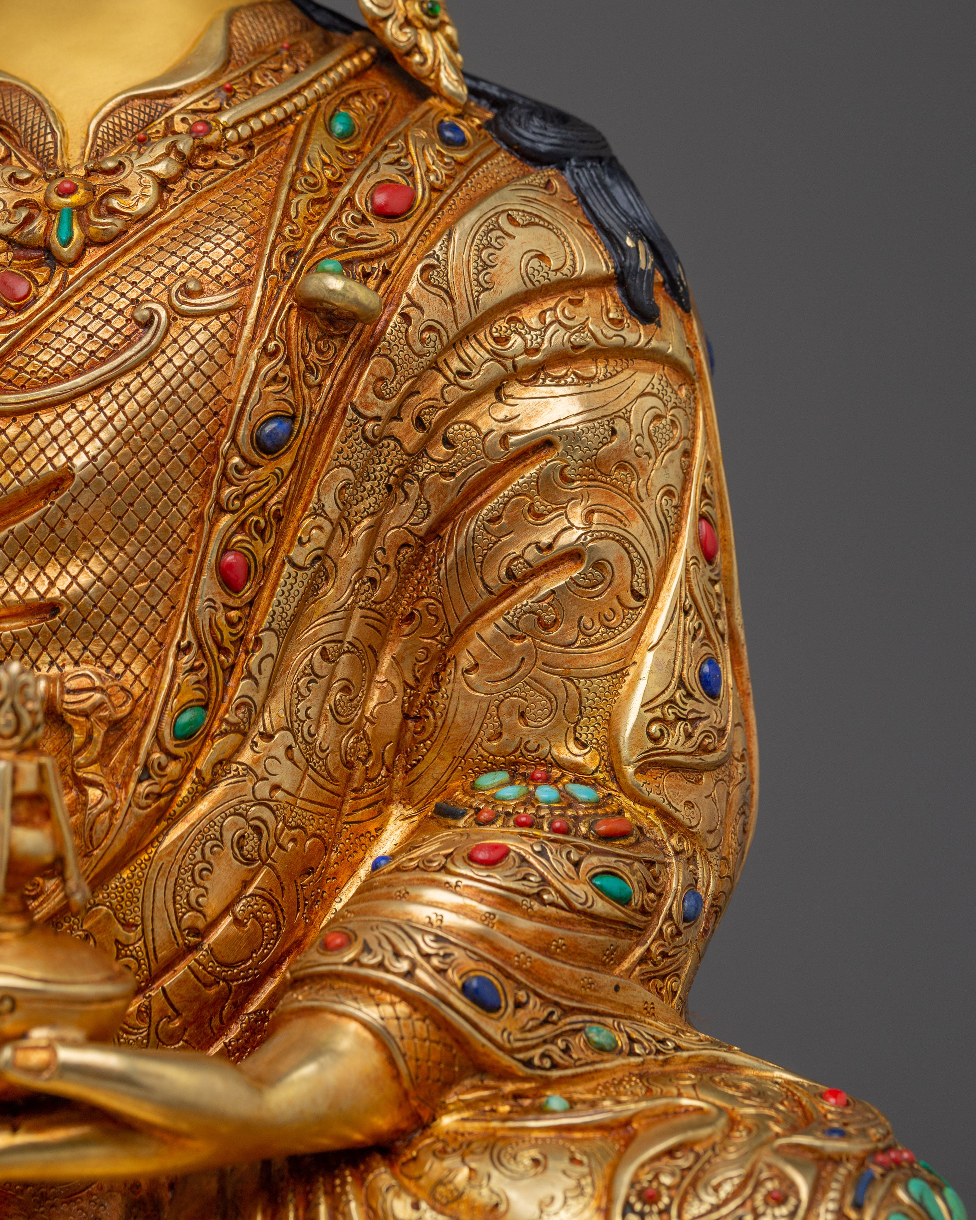 Sacred Guru Rinpoche on Lotus Throne | Gold Gilded Tibetan Statue