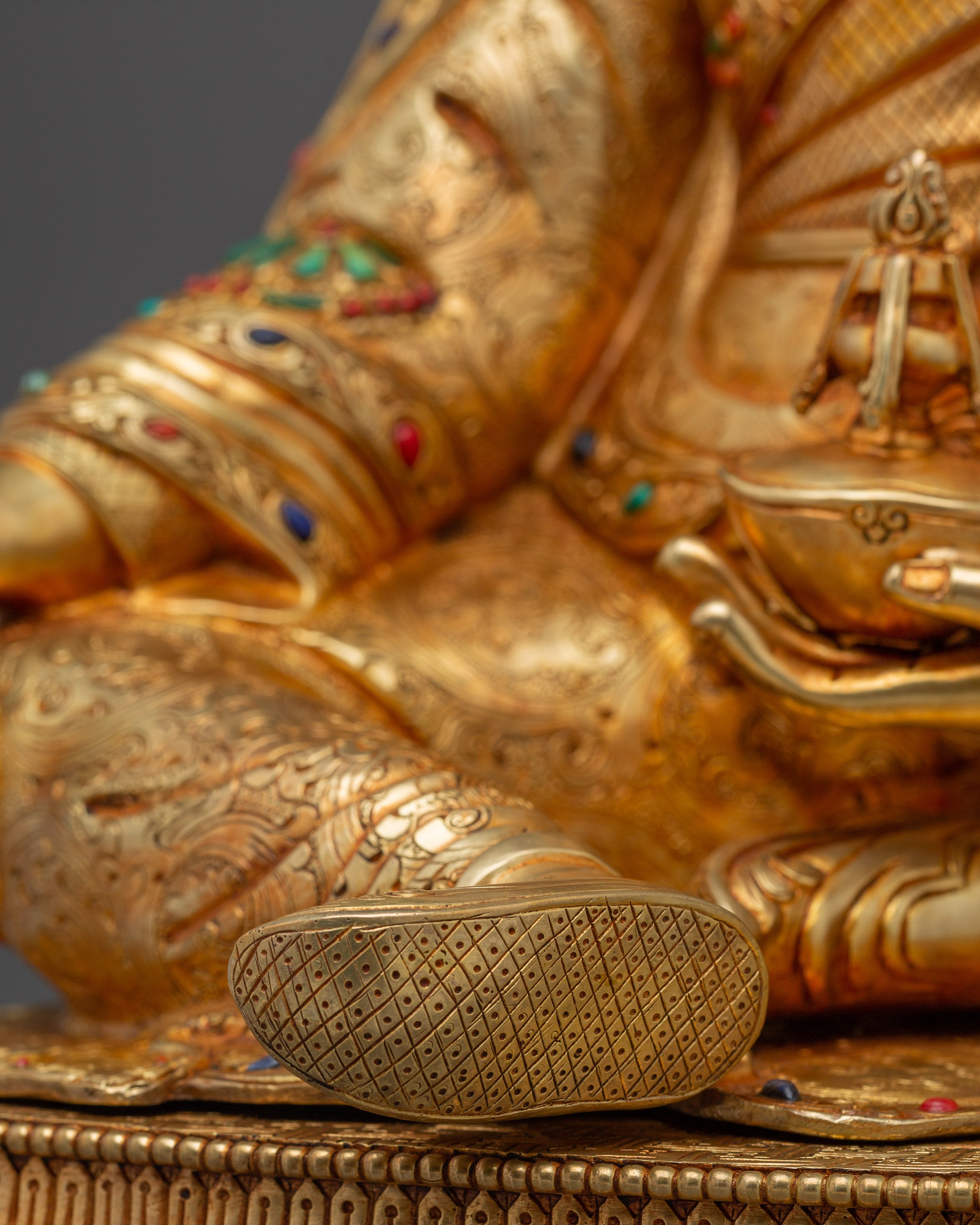 Sacred Guru Rinpoche on Lotus Throne | Gold Gilded Tibetan Statue
