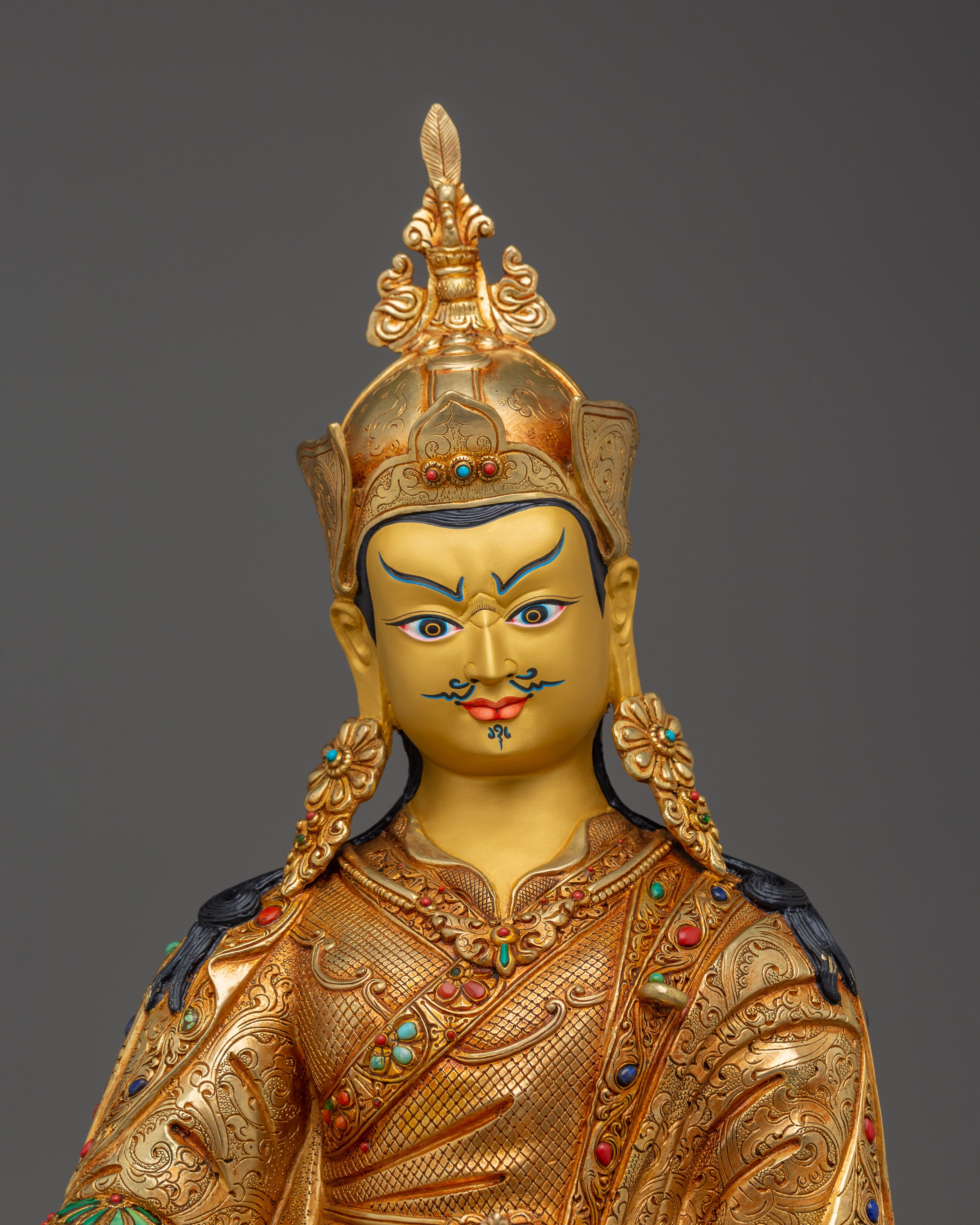 Sacred Guru Rinpoche on Lotus Throne | Gold Gilded Tibetan Statue