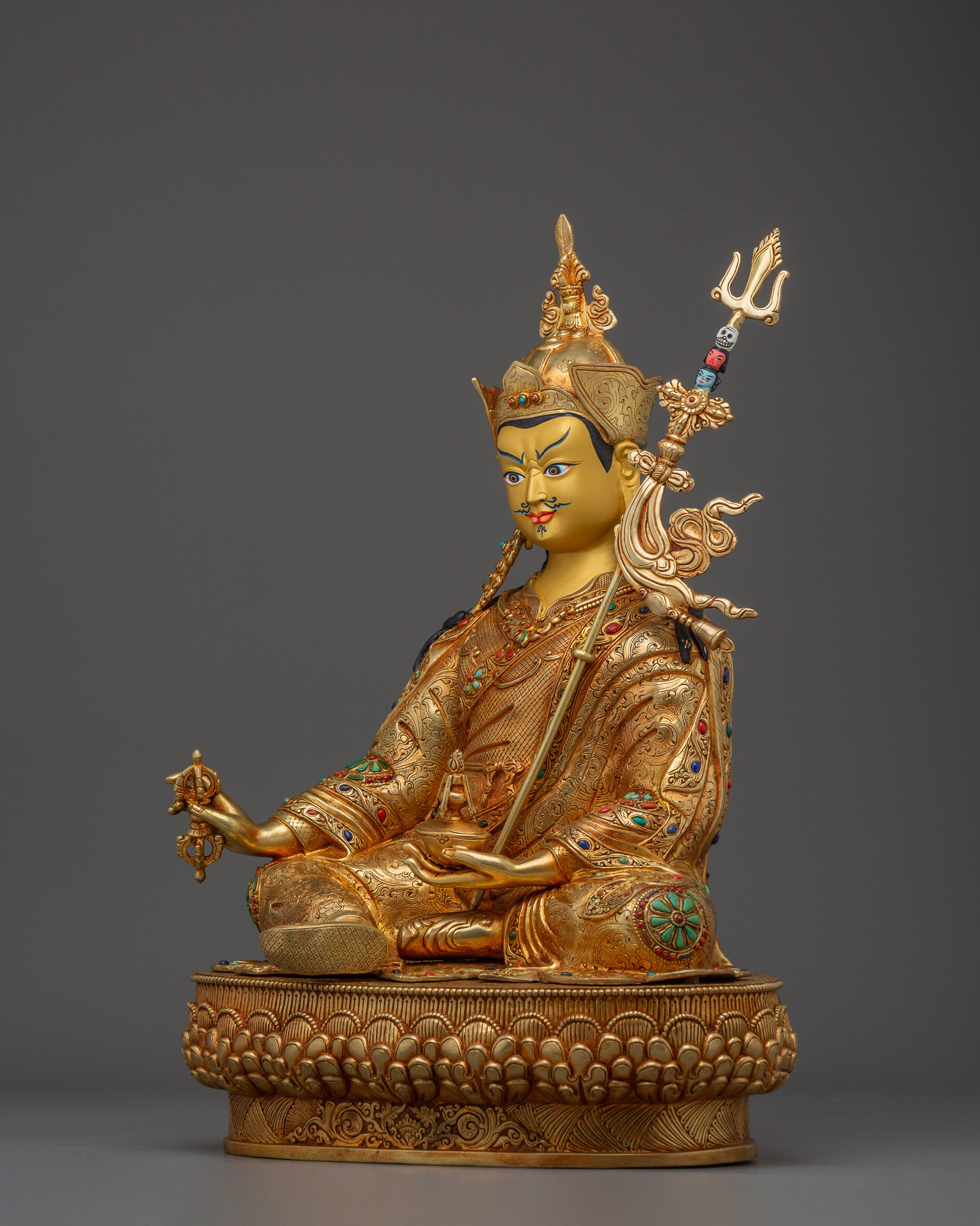 Sacred Guru Rinpoche on Lotus Throne | Gold Gilded Tibetan Statue
