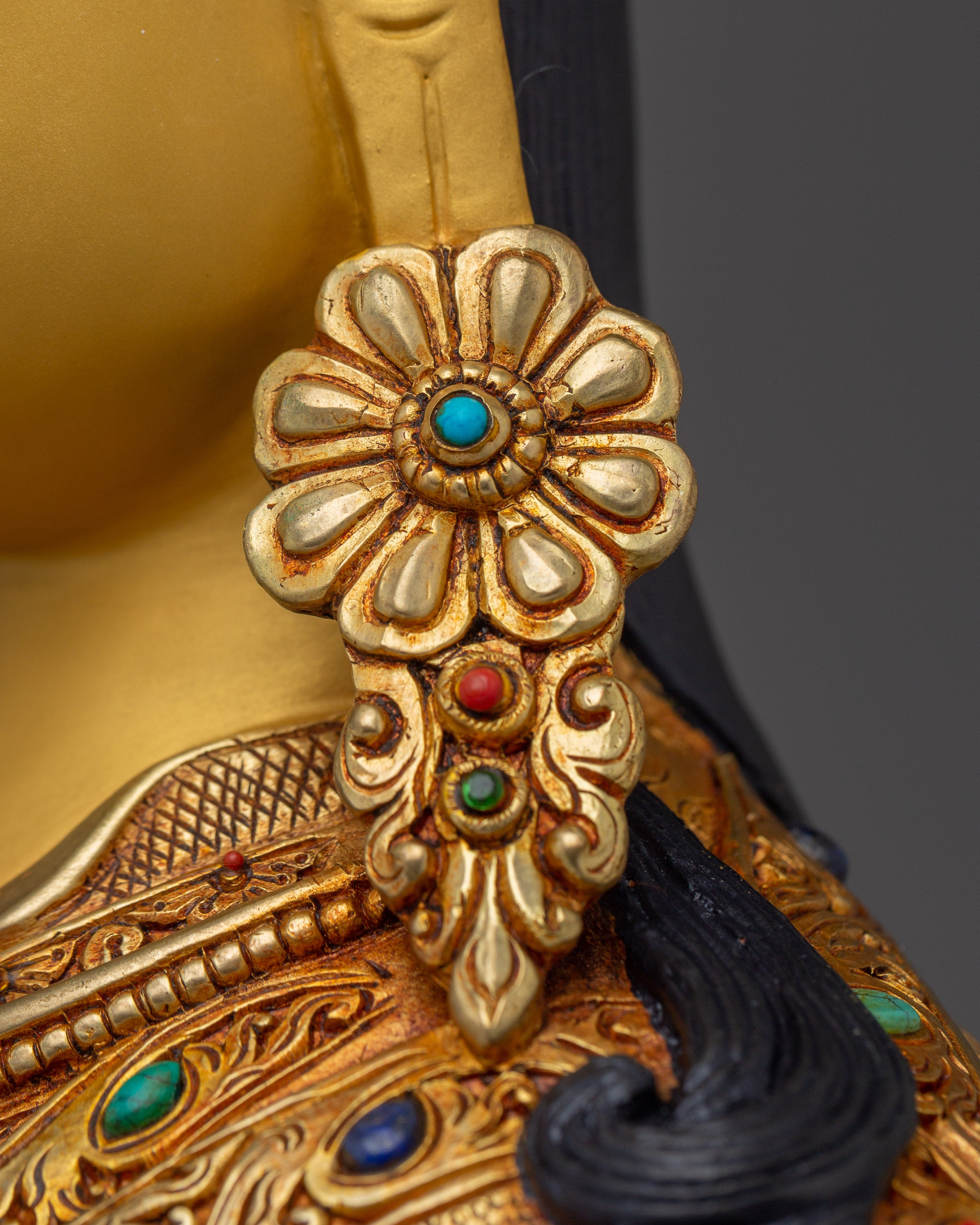 Sacred Guru Rinpoche on Lotus Throne | Gold Gilded Tibetan Statue