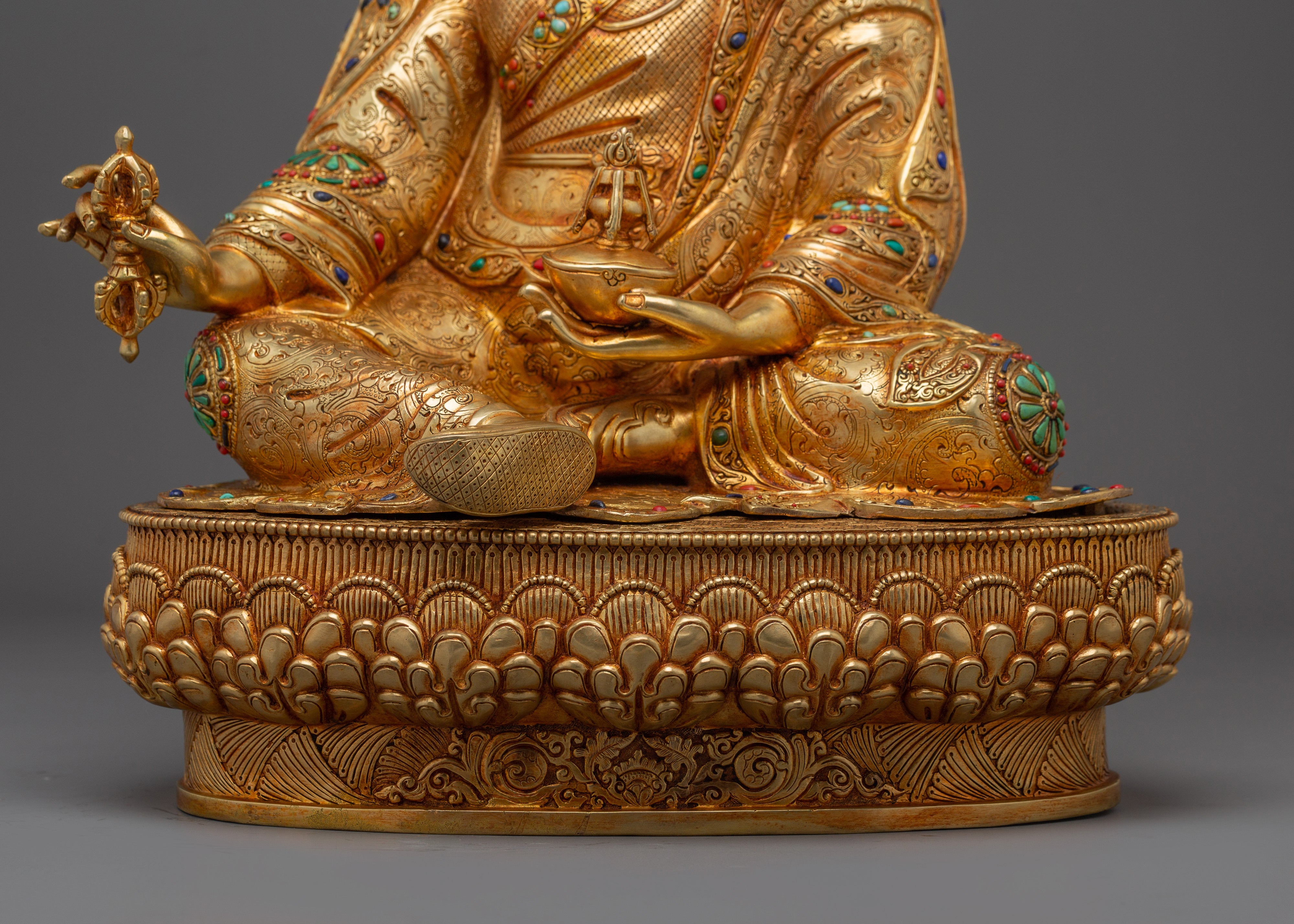 Sacred Guru Rinpoche on Lotus Throne | Gold Gilded Tibetan Statue