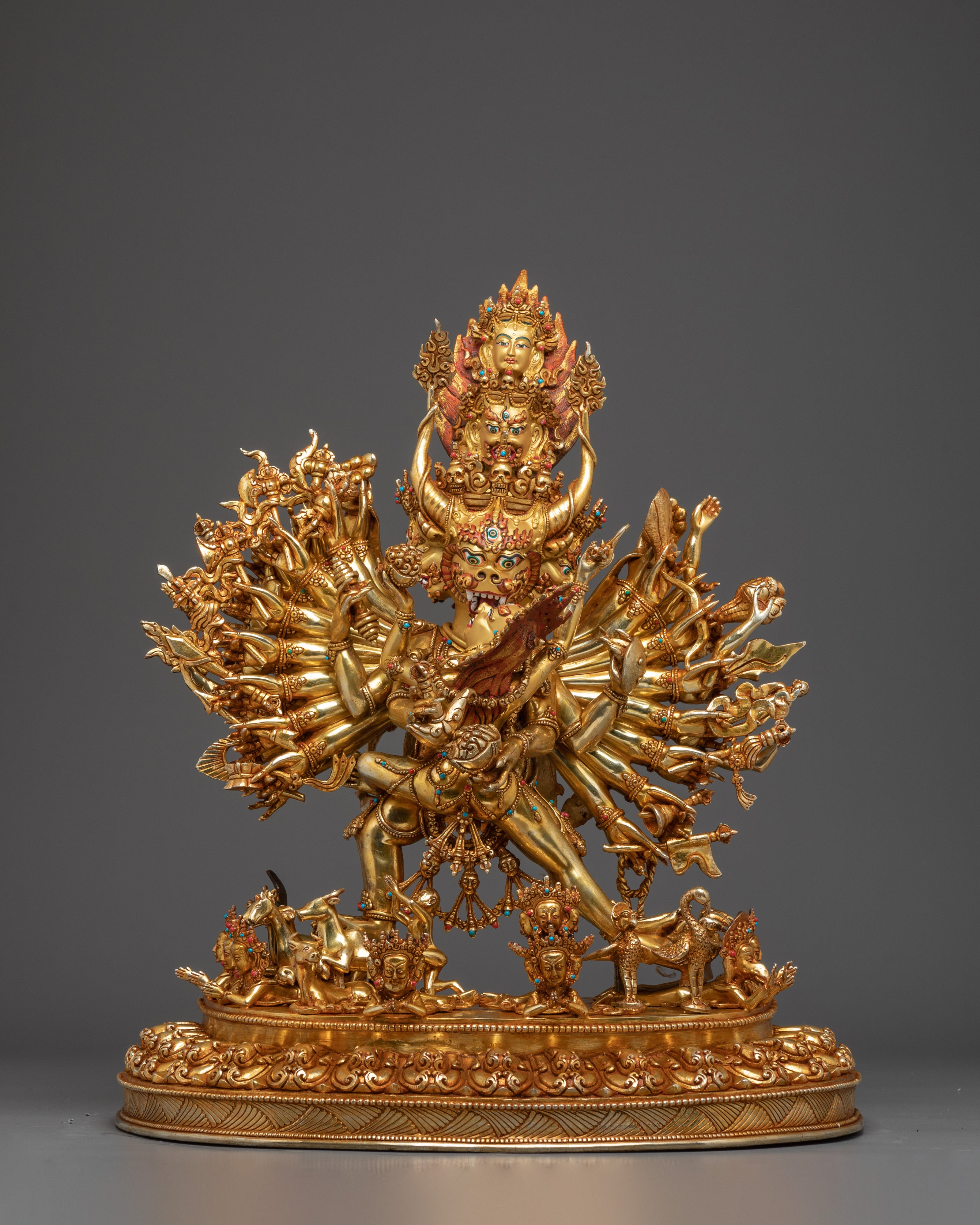 Yamantaka, Wrathful Conqueror of Death | Gold Gilded Tibetan Statue