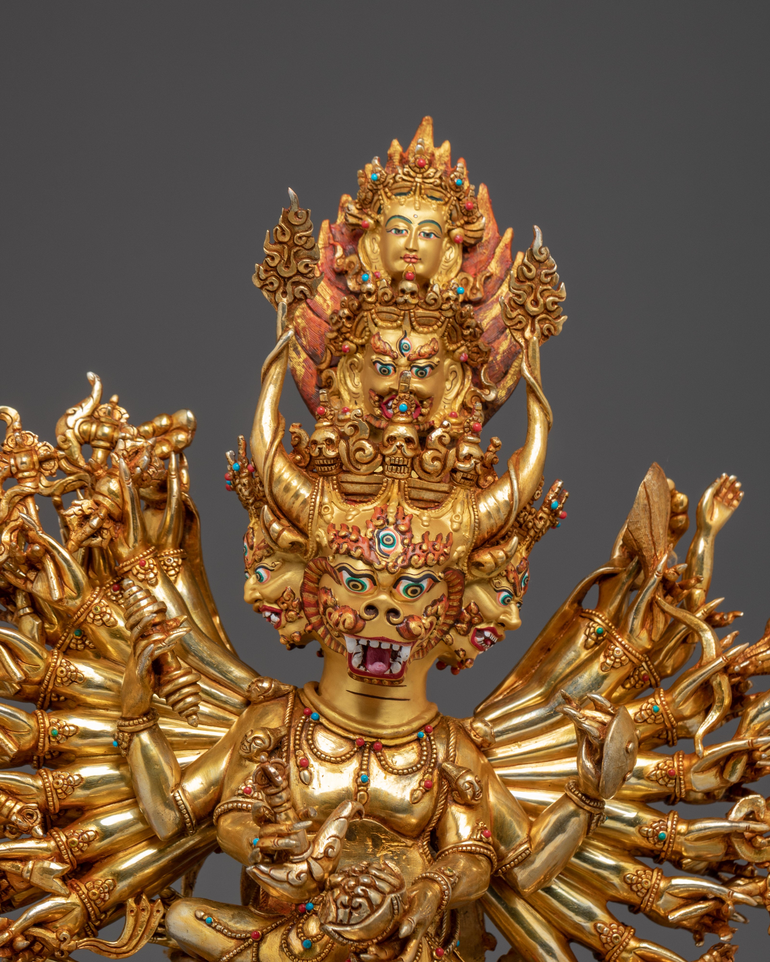 Yamantaka, Wrathful Conqueror of Death | Gold Gilded Tibetan Statue