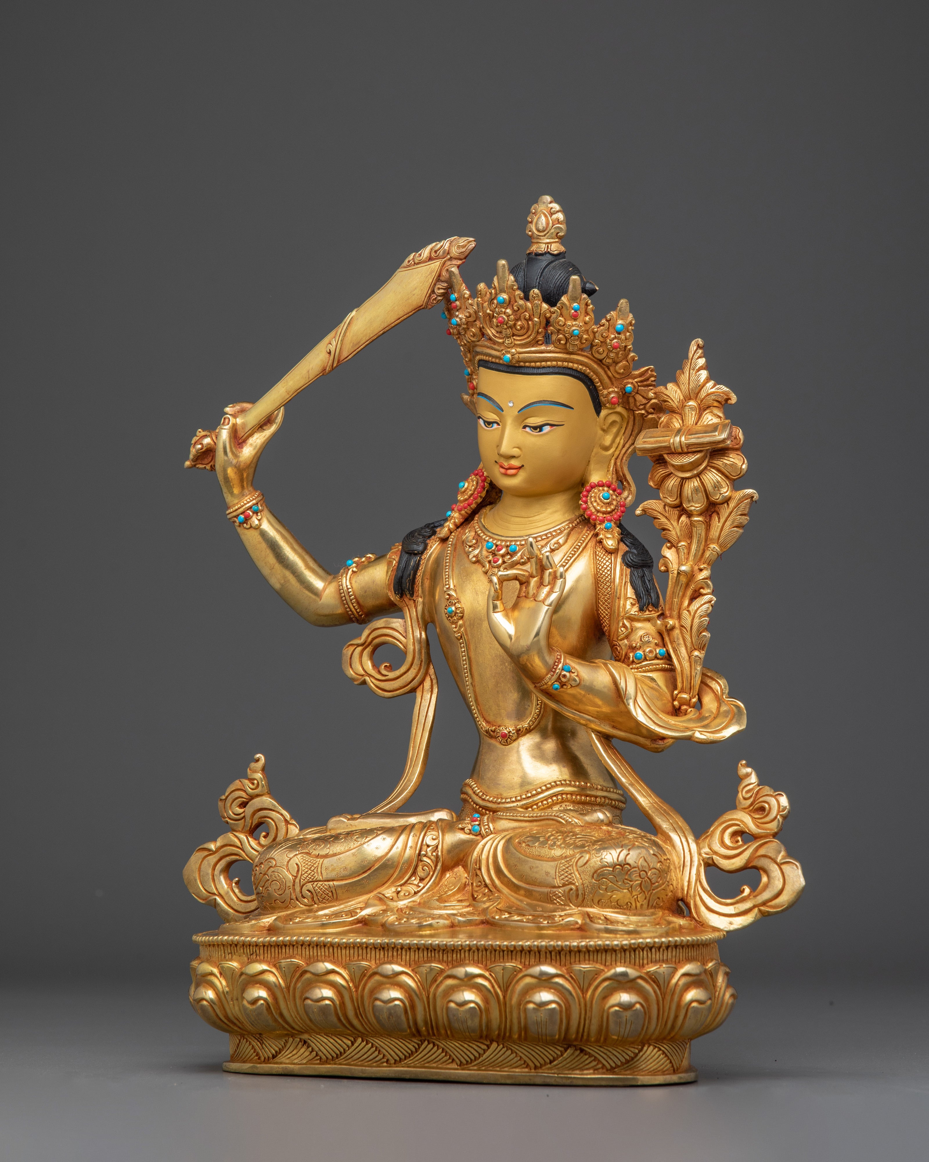 Manjushri Golden Handmade Statue | Buddhist Revered Deity