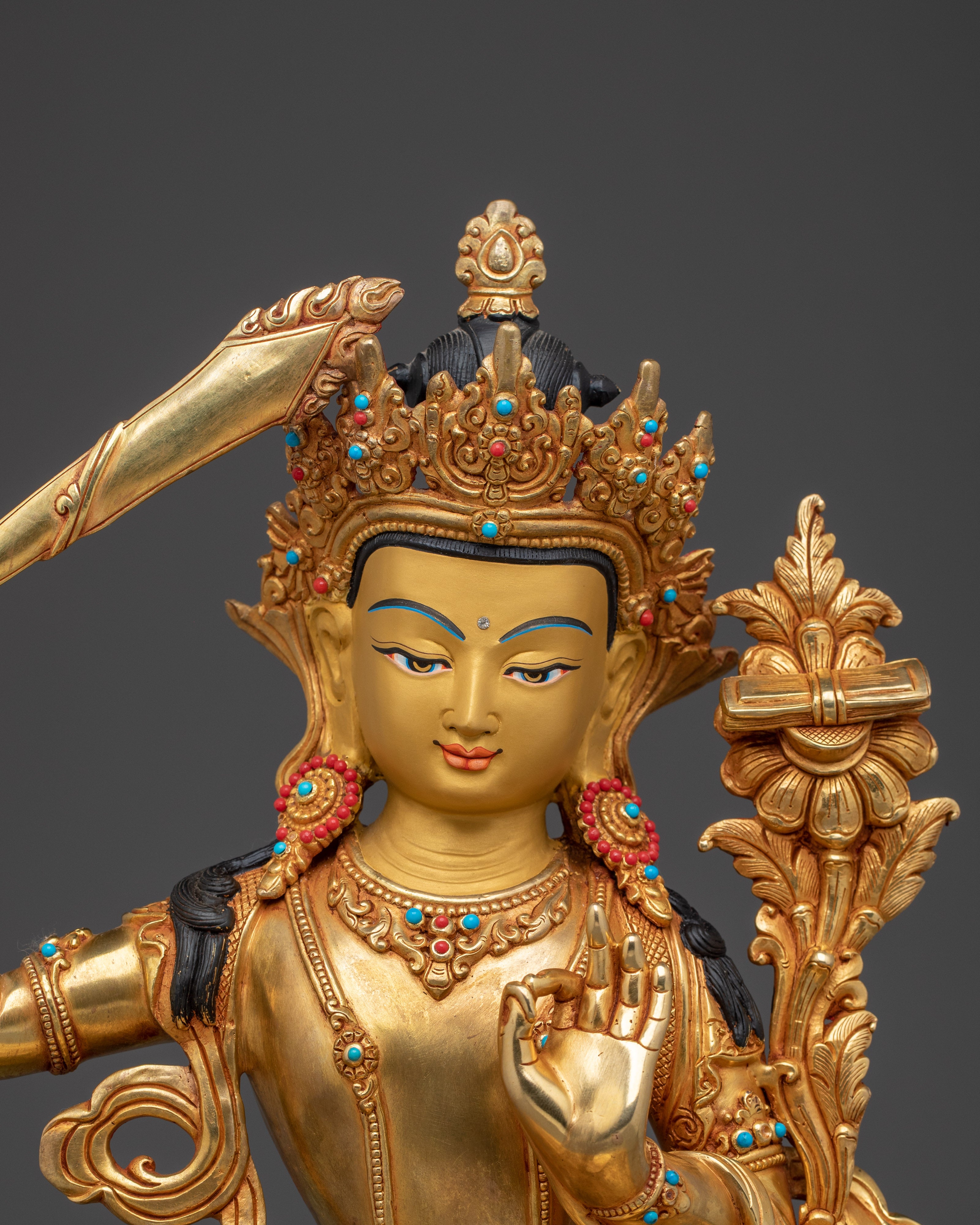 Manjushri Golden Handmade Statue | Buddhist Revered Deity