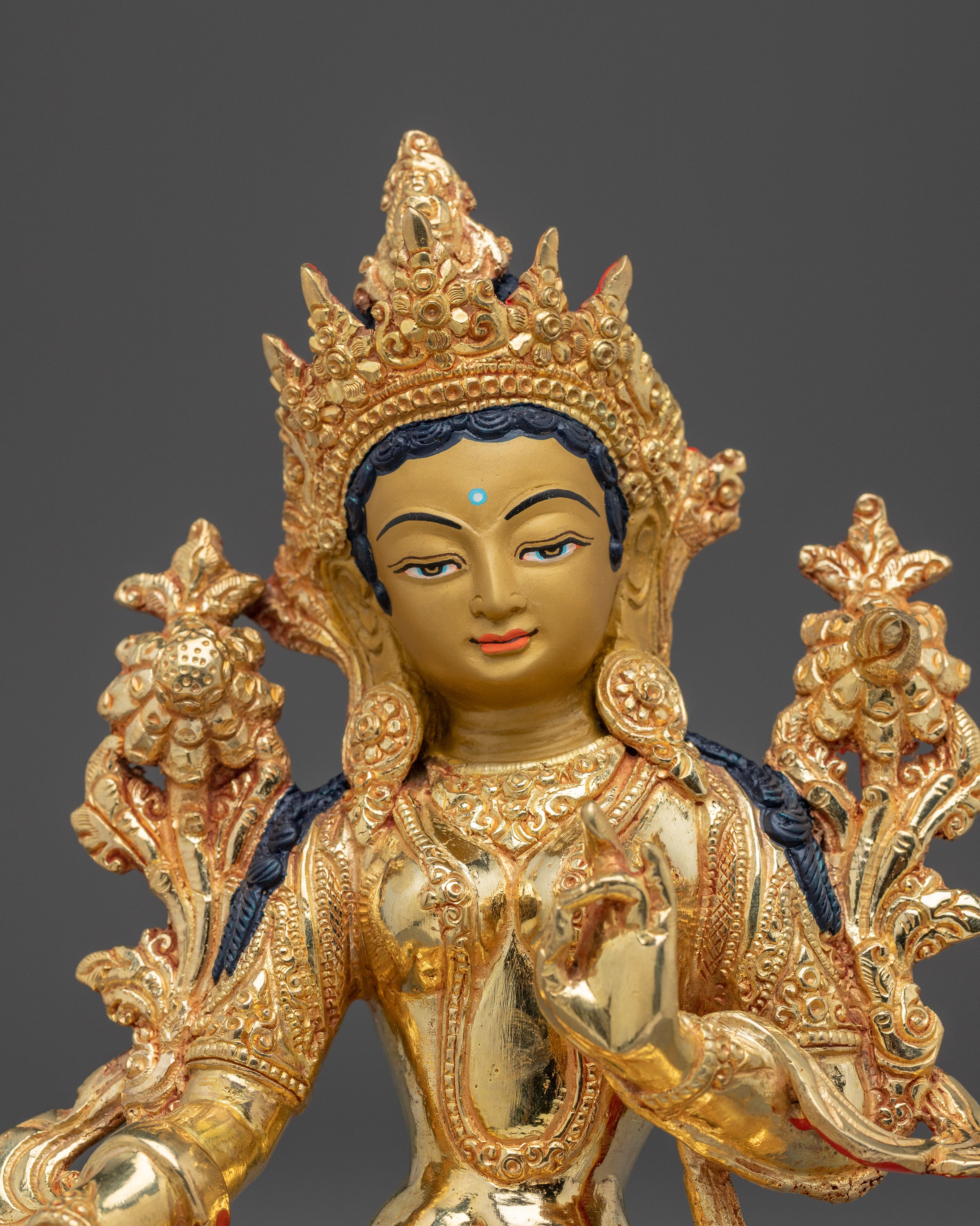 Green Tara Golden Copper Statue | Buddhist Goddess for Altar