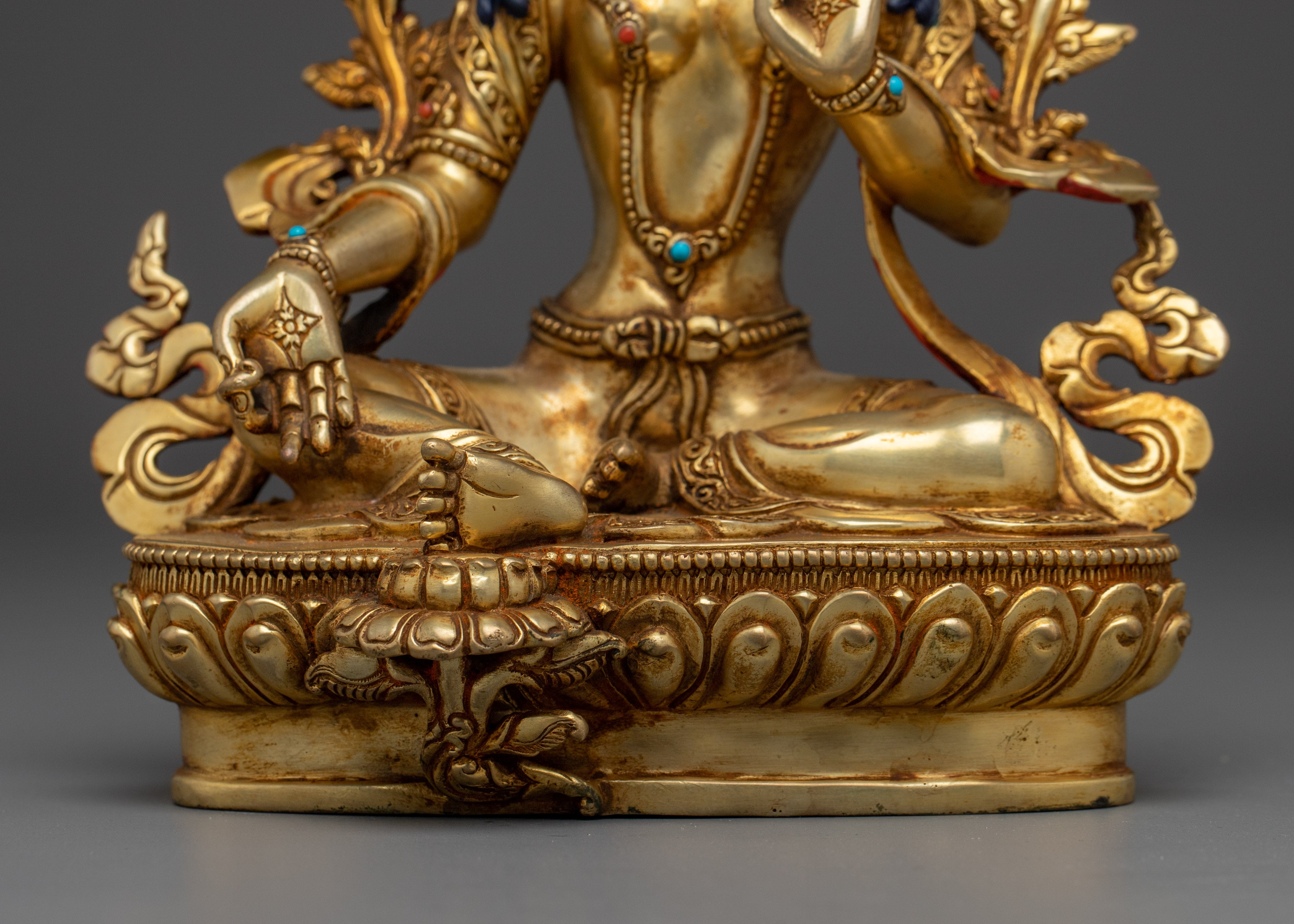 24K Gold Gilded Copper Green Tara Statue | Buddhist Art for Protection