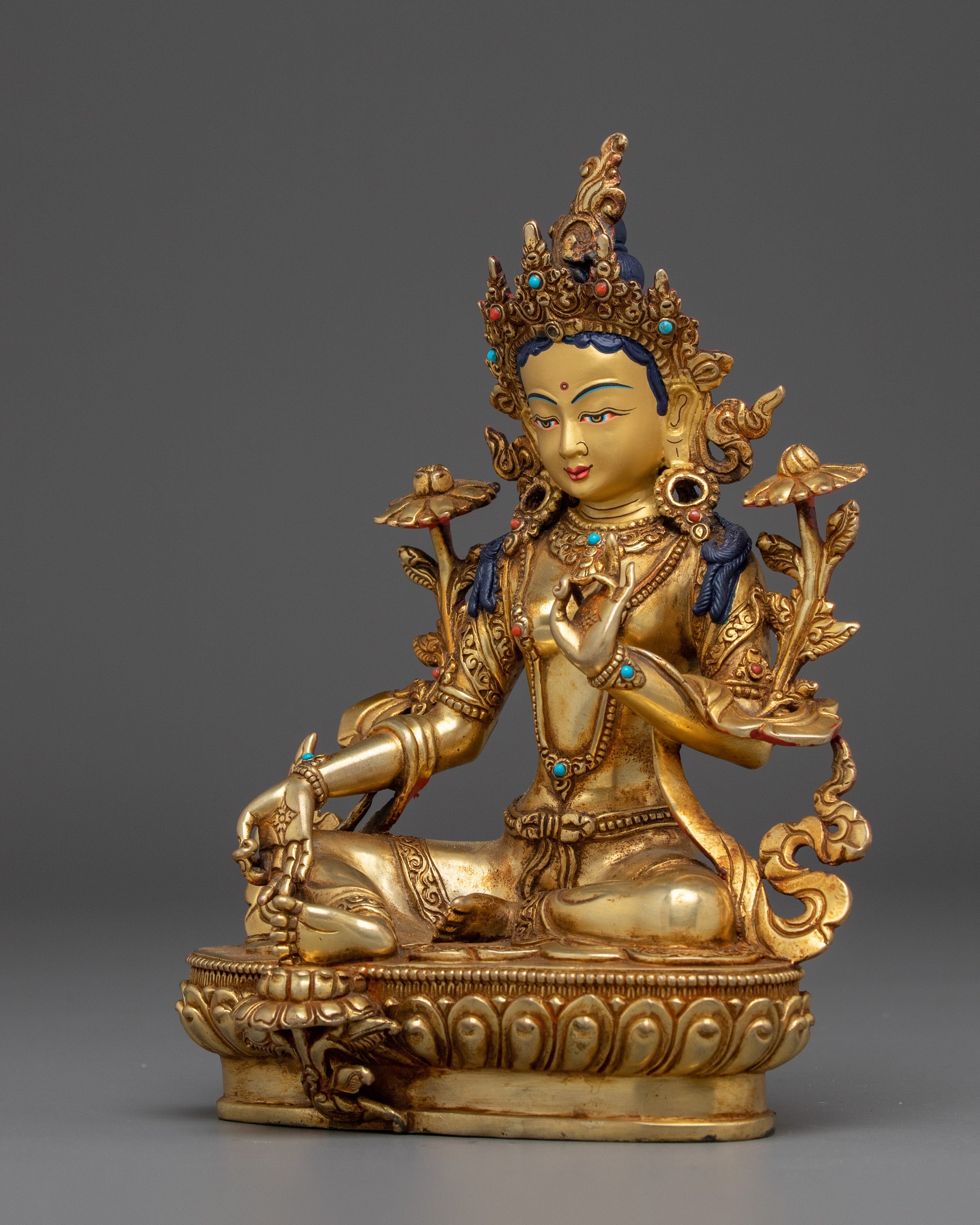 24K Gold Gilded Copper Green Tara Statue | Buddhist Art for Protection