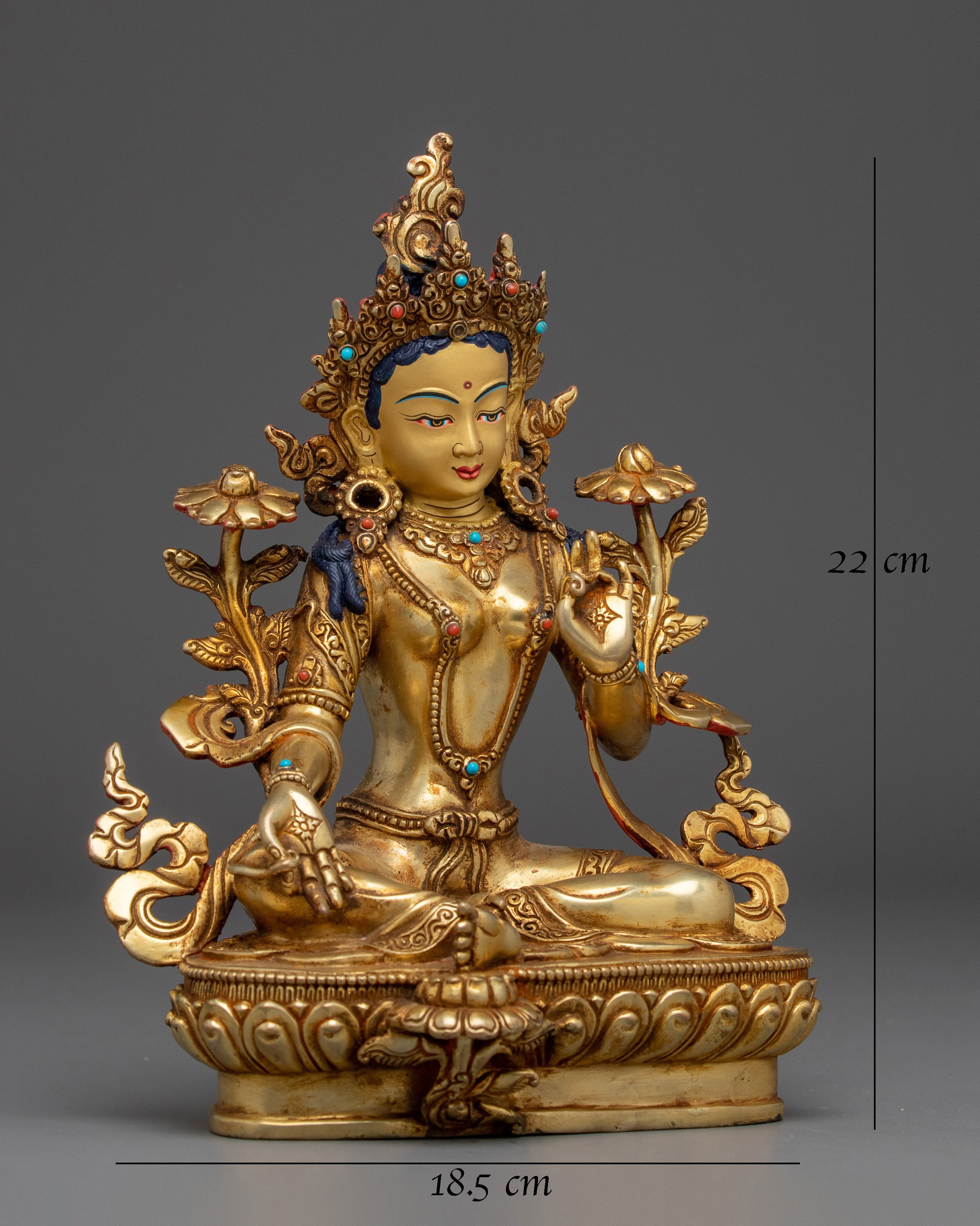 24K Gold Gilded Copper Green Tara Statue