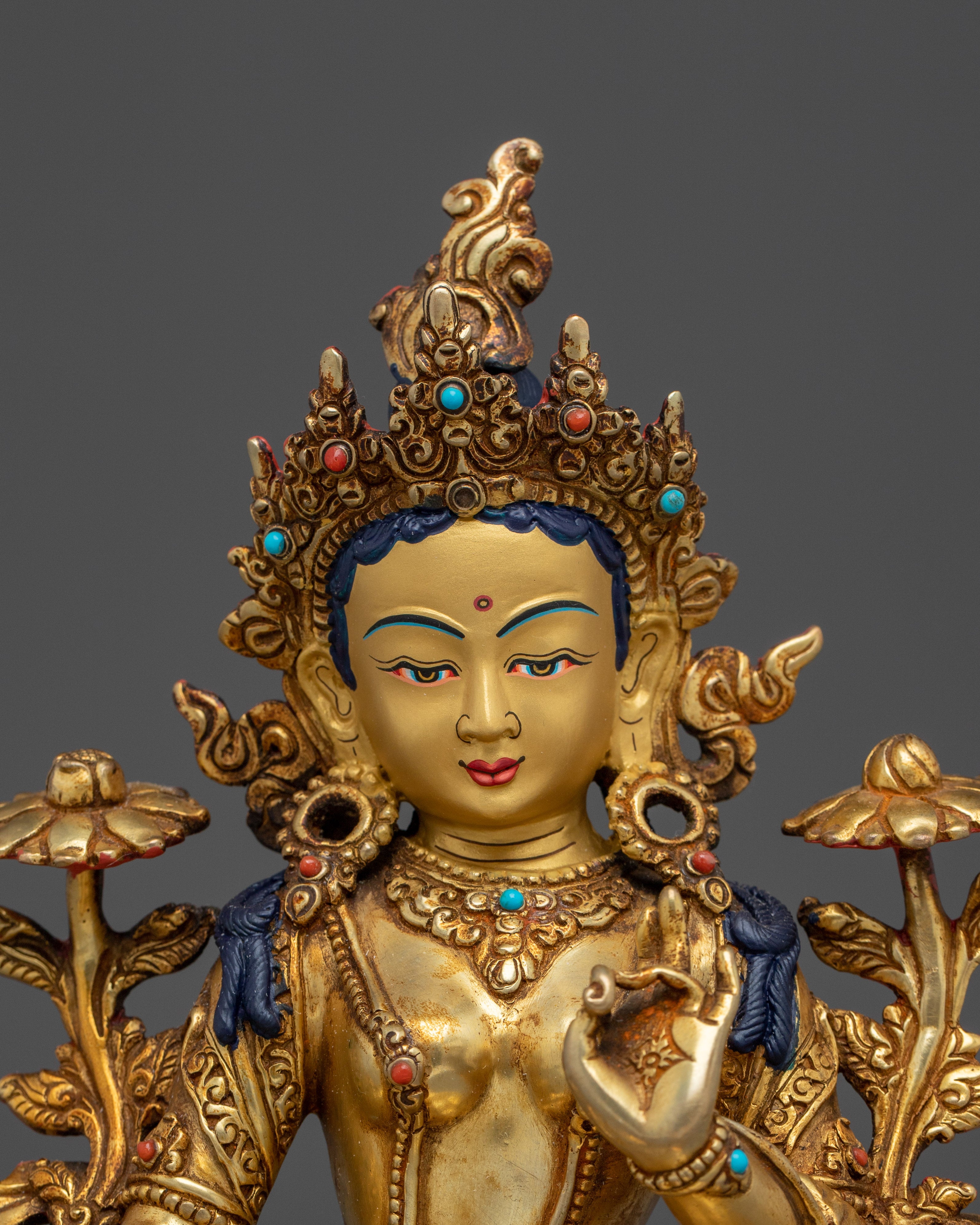 24K Gold Gilded Copper Green Tara Statue | Buddhist Art for Protection