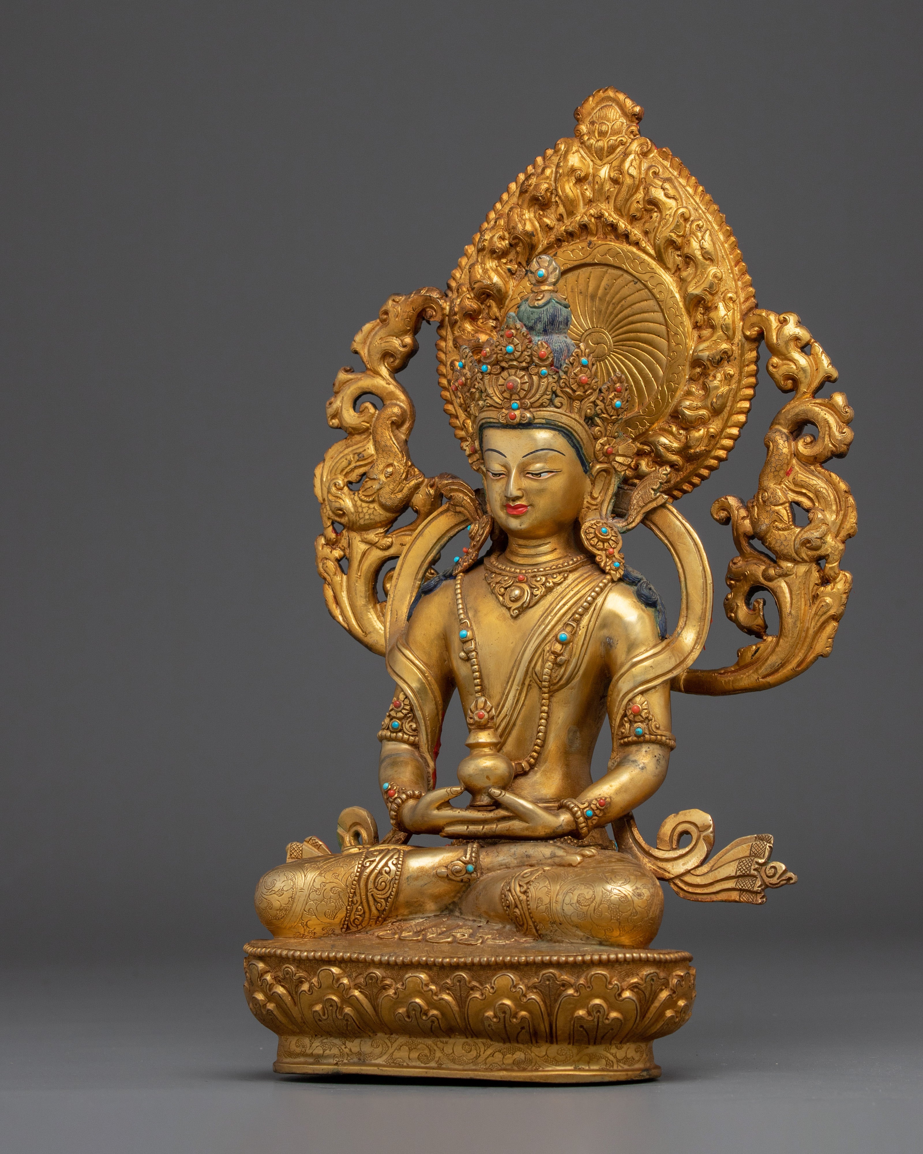 24K Gold Gilded Copper Amitayus Statue | Buddhist Deity of Spiritual Blessing
