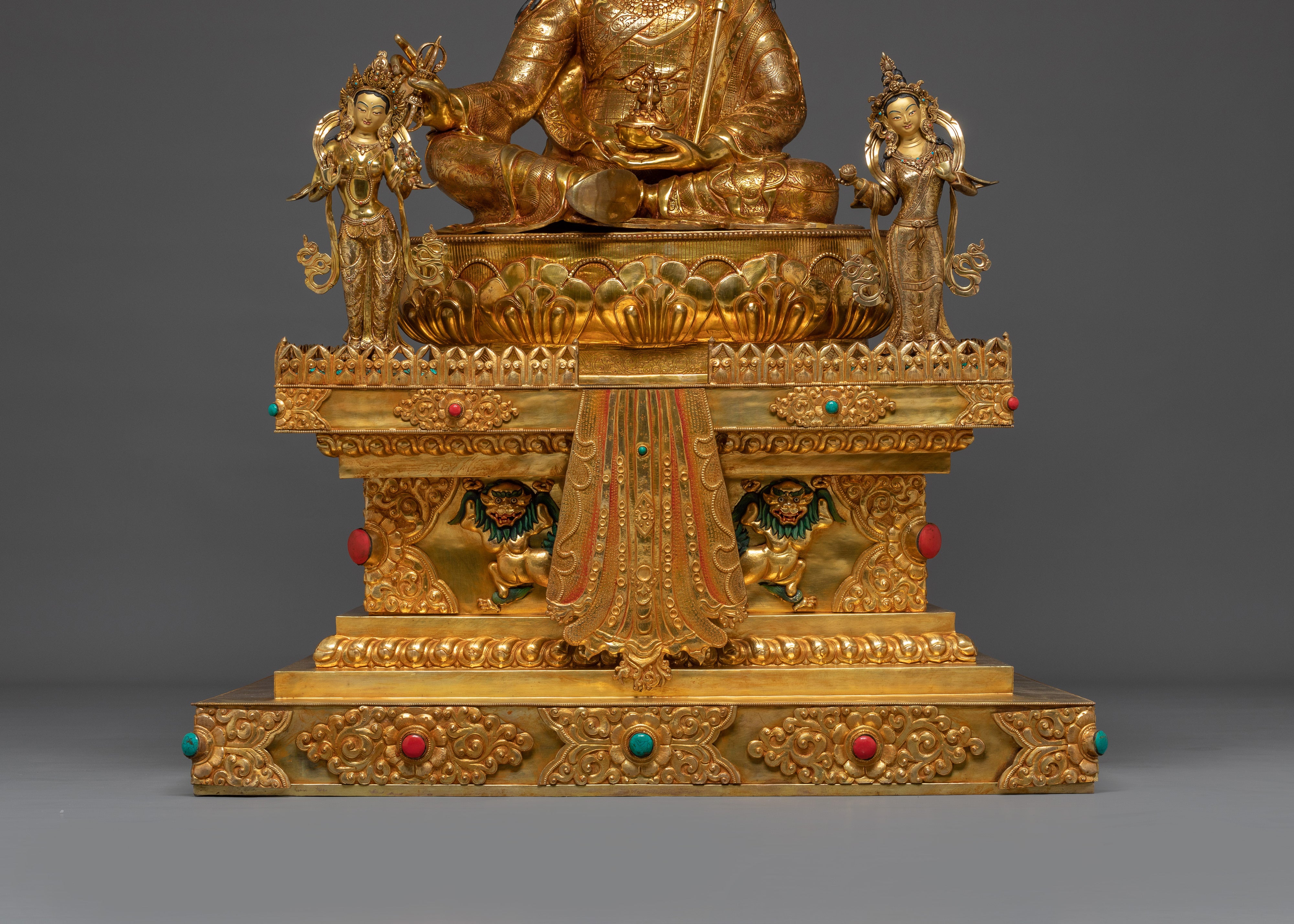 Guru Rinpoche Statue with Throne | Copper Sculpture with Gemstones