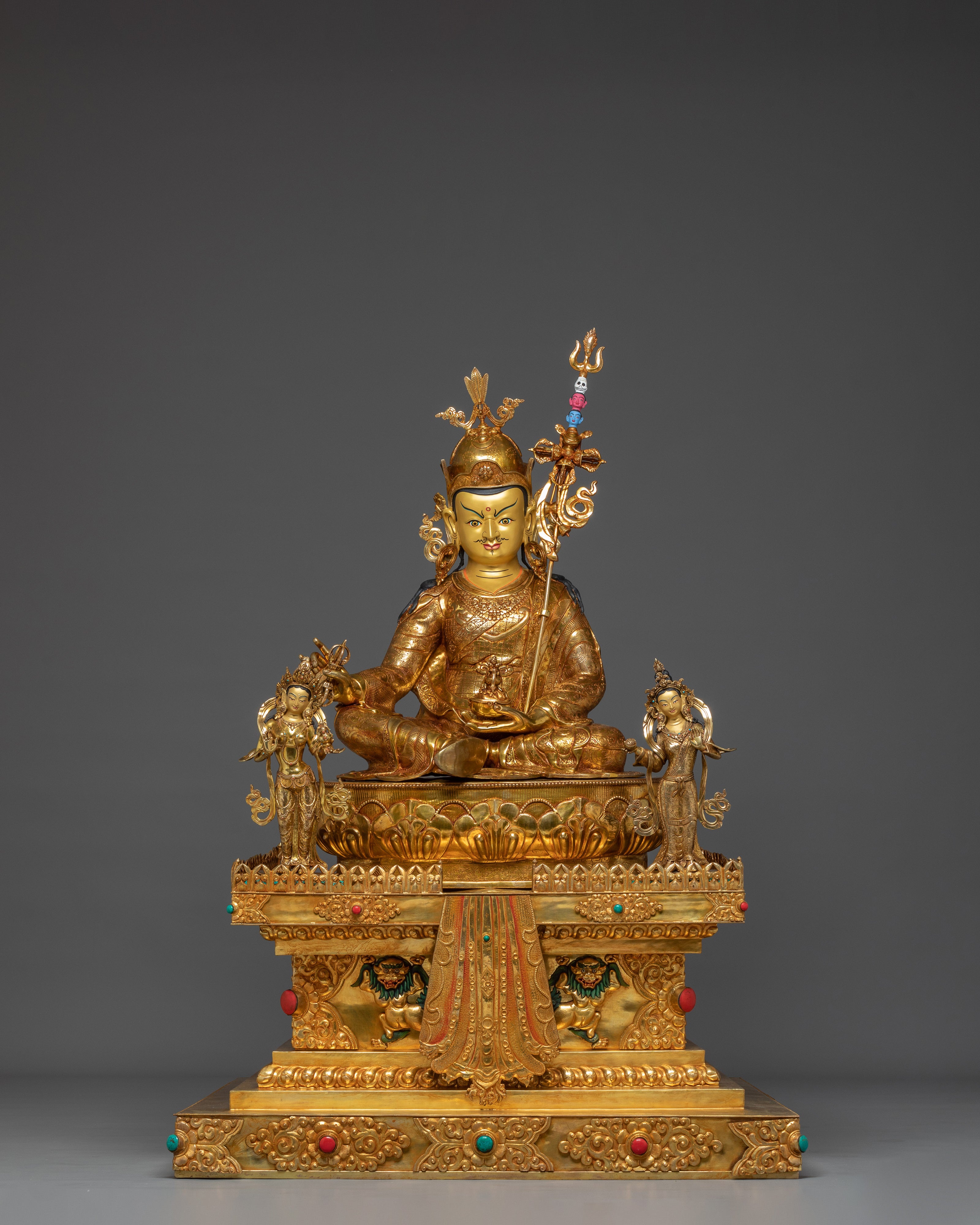 Guru Rinpoche Statue with Throne | Copper Sculpture with Gemstones