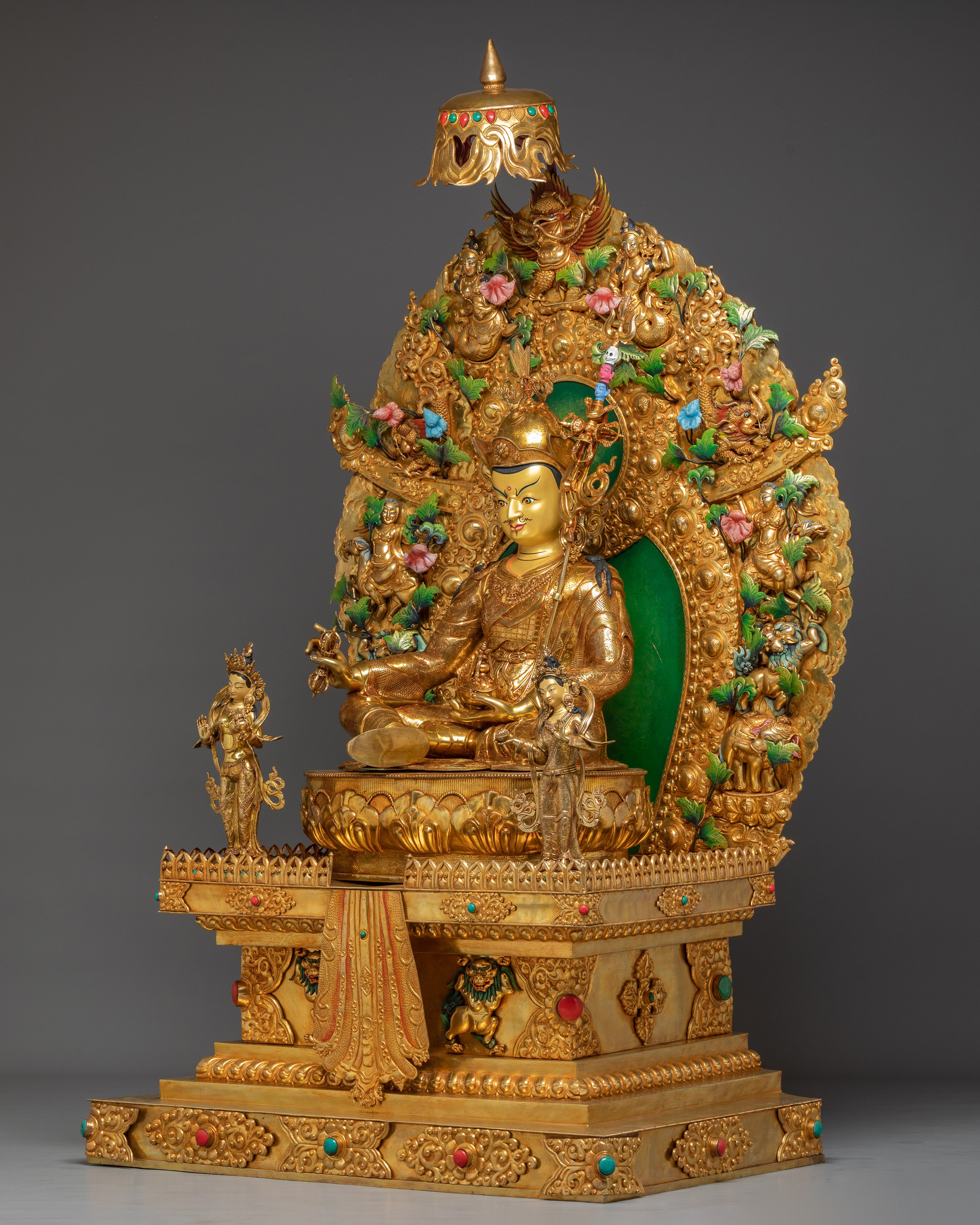 Guru Rinpoche Statue with Throne | Copper Sculpture with Gemstones
