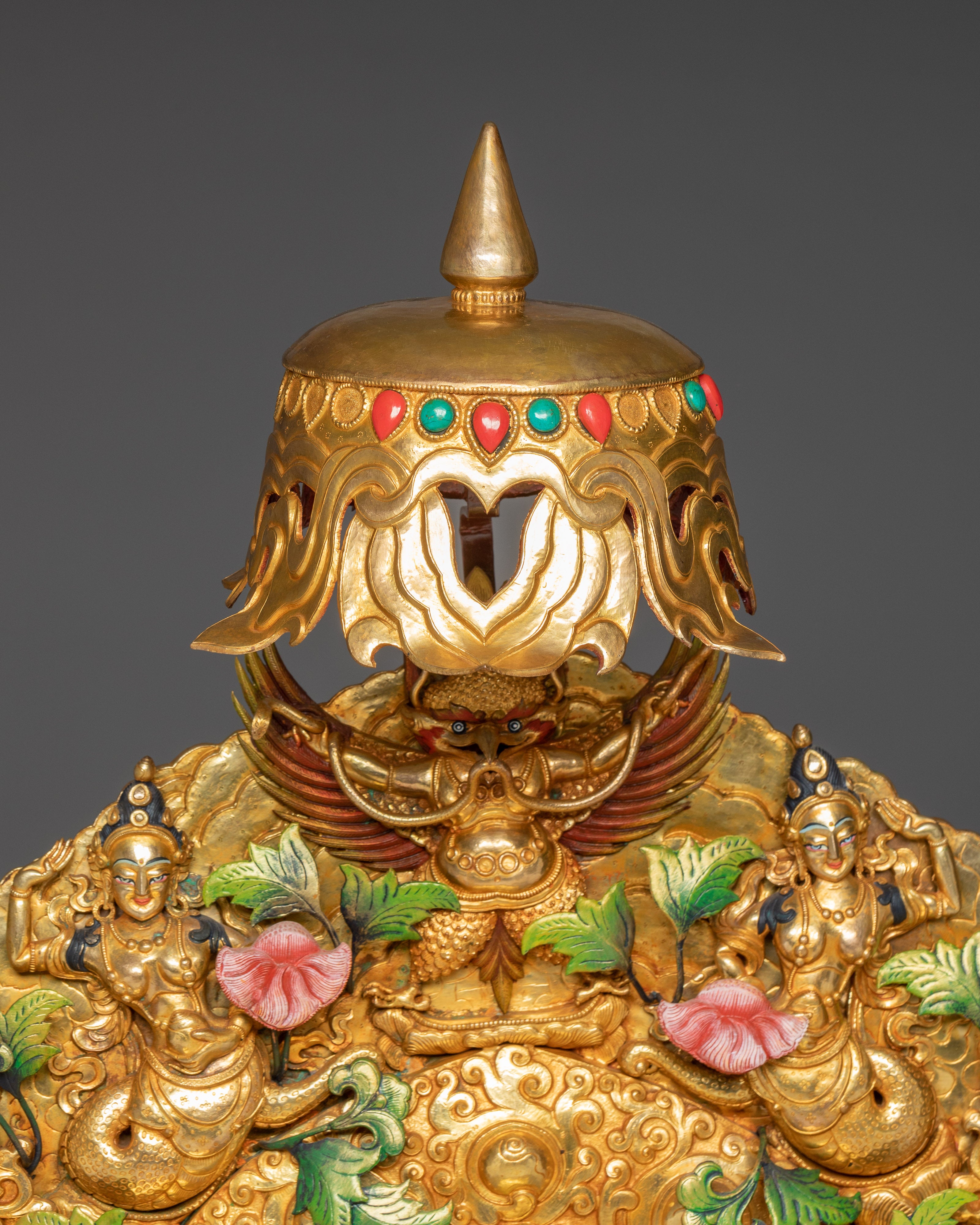 Guru Rinpoche Statue with Throne | Copper Sculpture with Gemstones