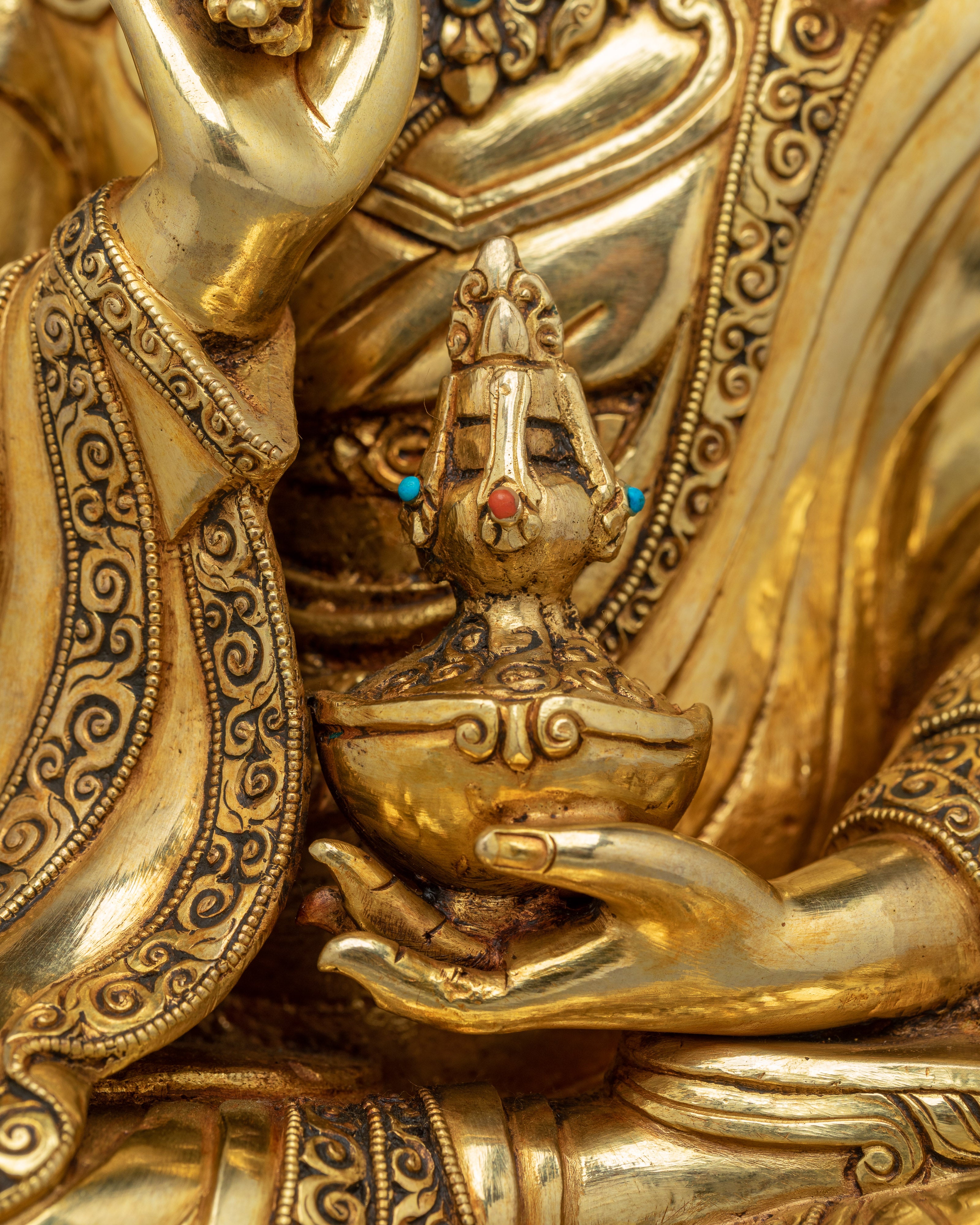 Guru Tsokye Dorje Statue in 24K Gold | Spiritual Decor with Gemstones