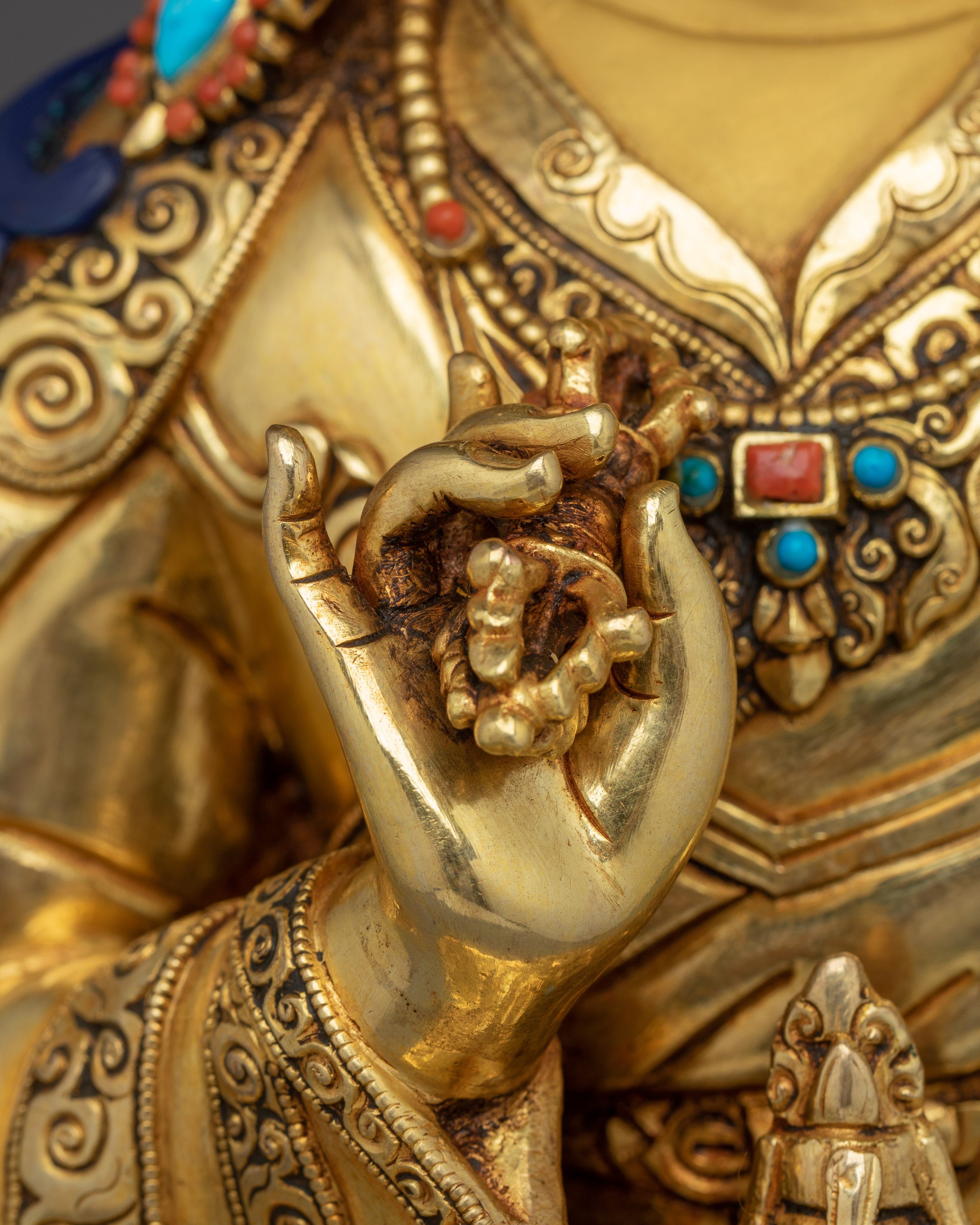 Guru Tsokye Dorje Statue in 24K Gold | Spiritual Decor with Gemstones