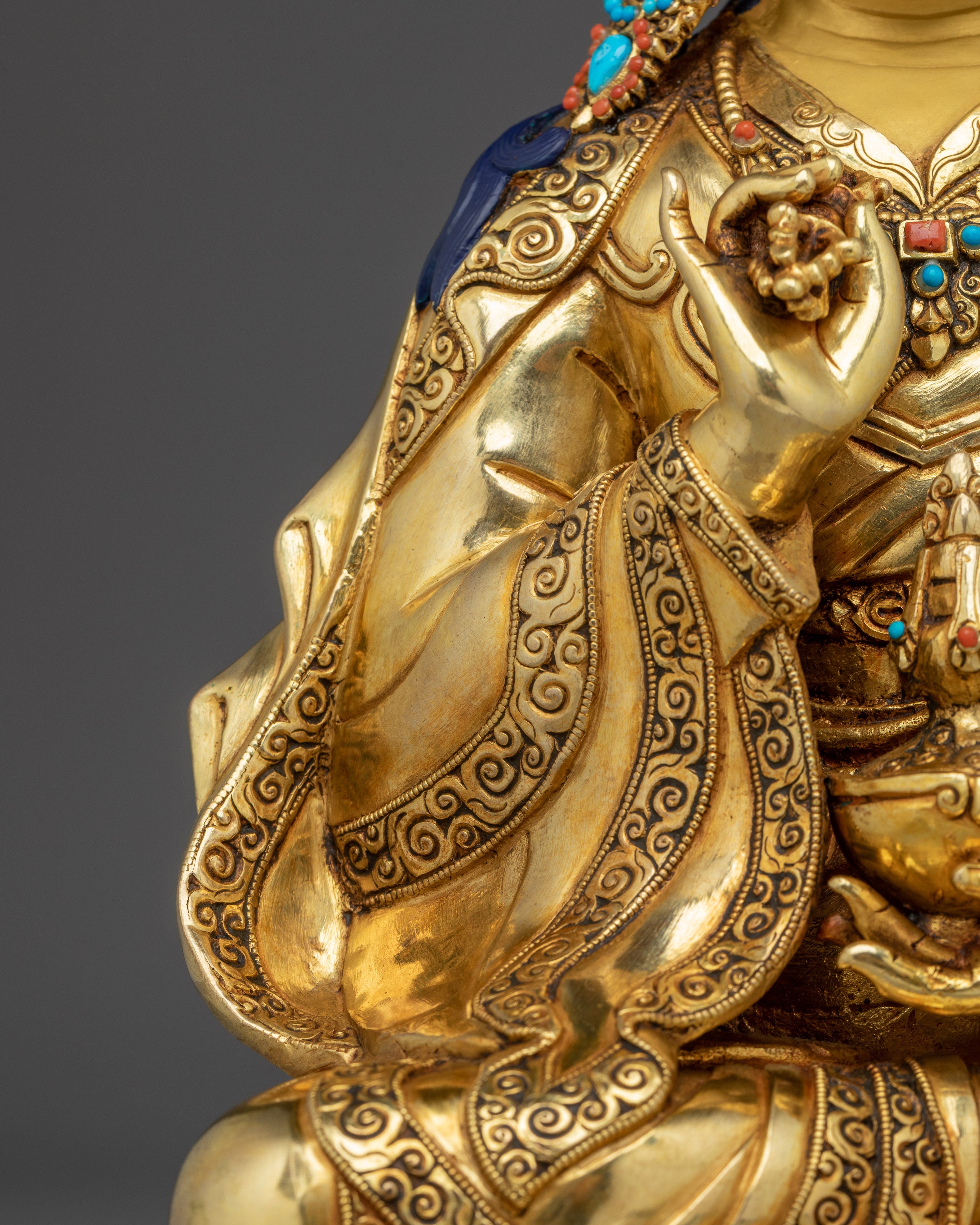 Guru Tsokye Dorje Statue in 24K Gold | Spiritual Decor with Gemstones