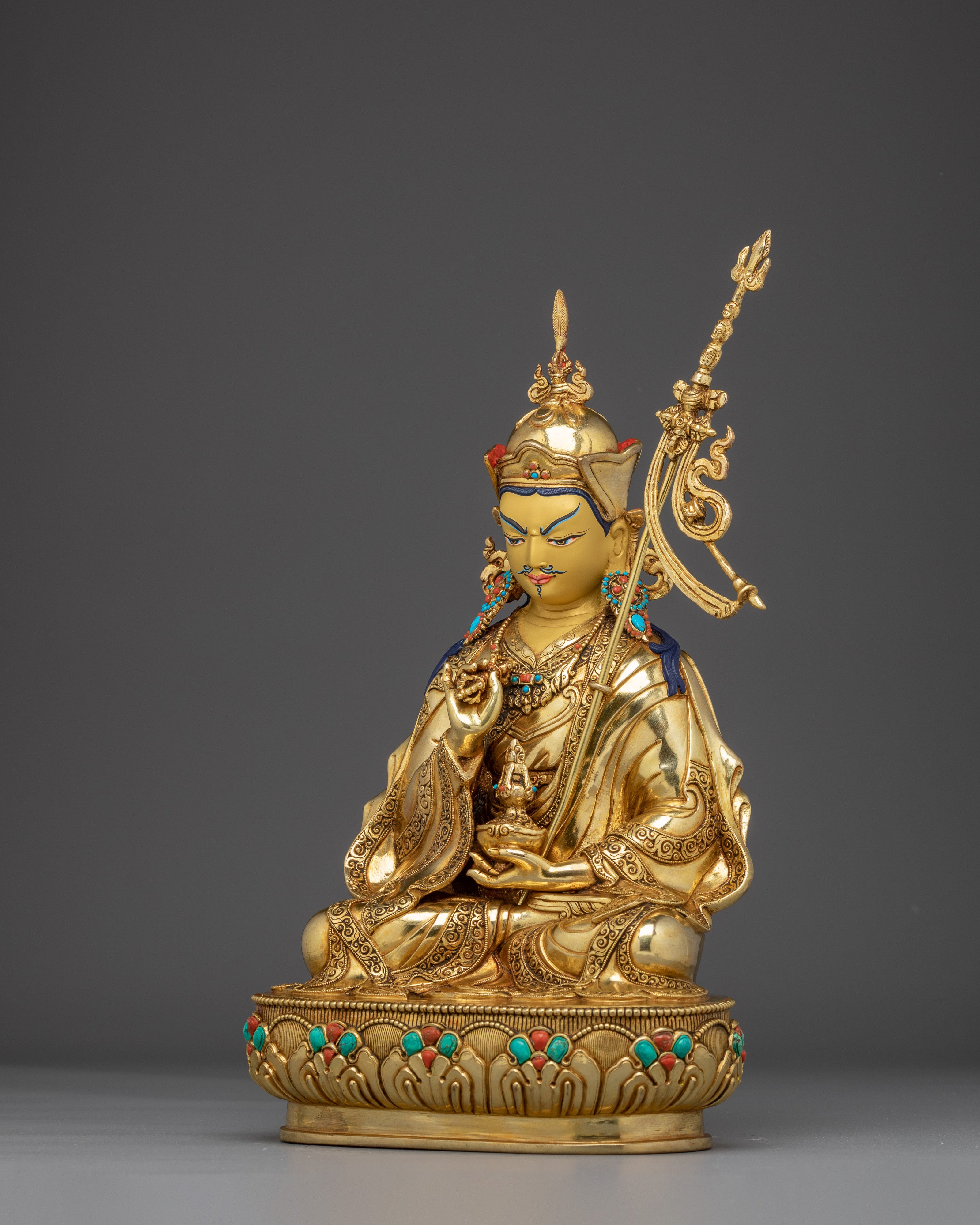 Guru Tsokye Dorje Statue in 24K Gold | Spiritual Decor with Gemstones