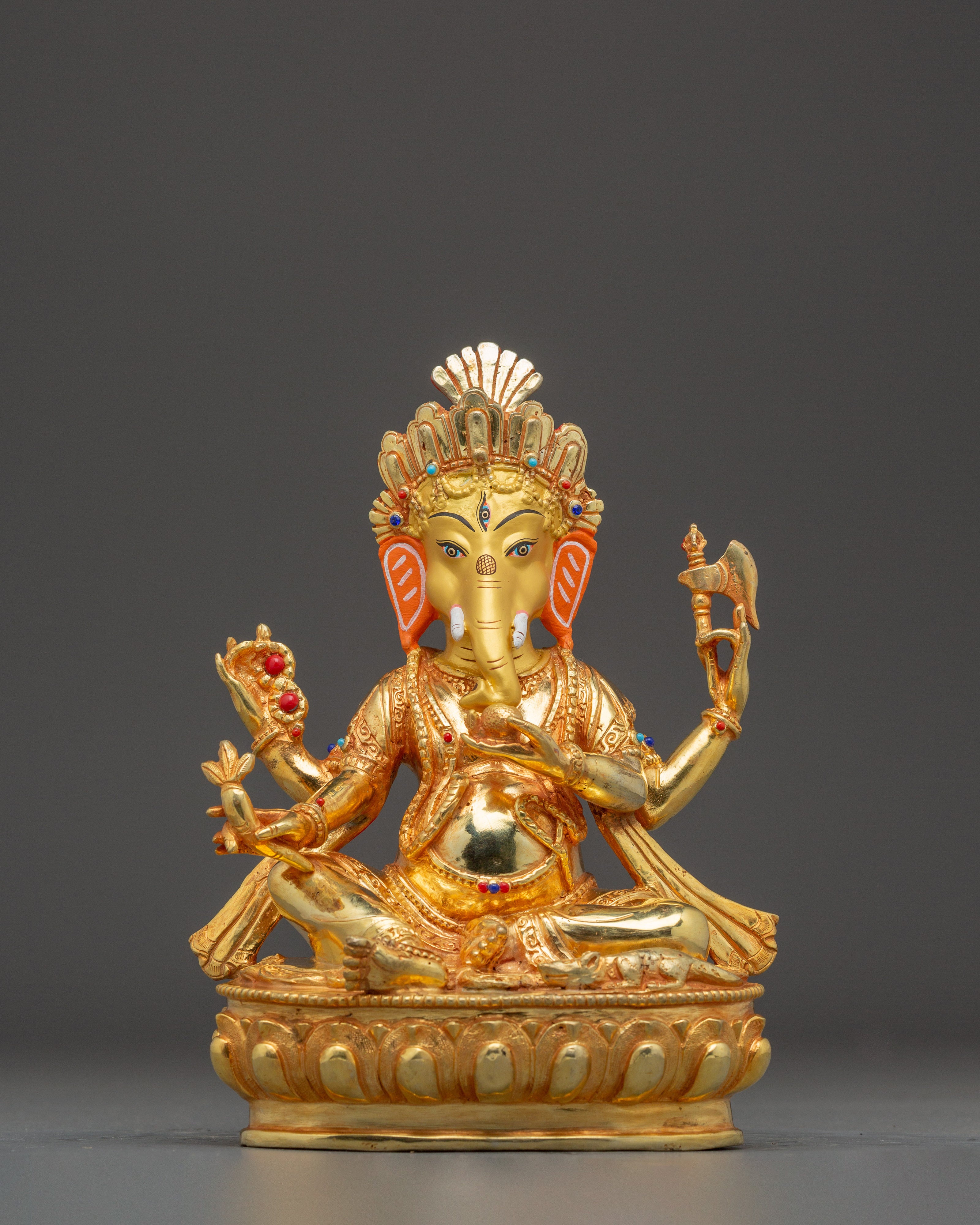 24K Gold-Gilded Ganesh Statue with Gemstones