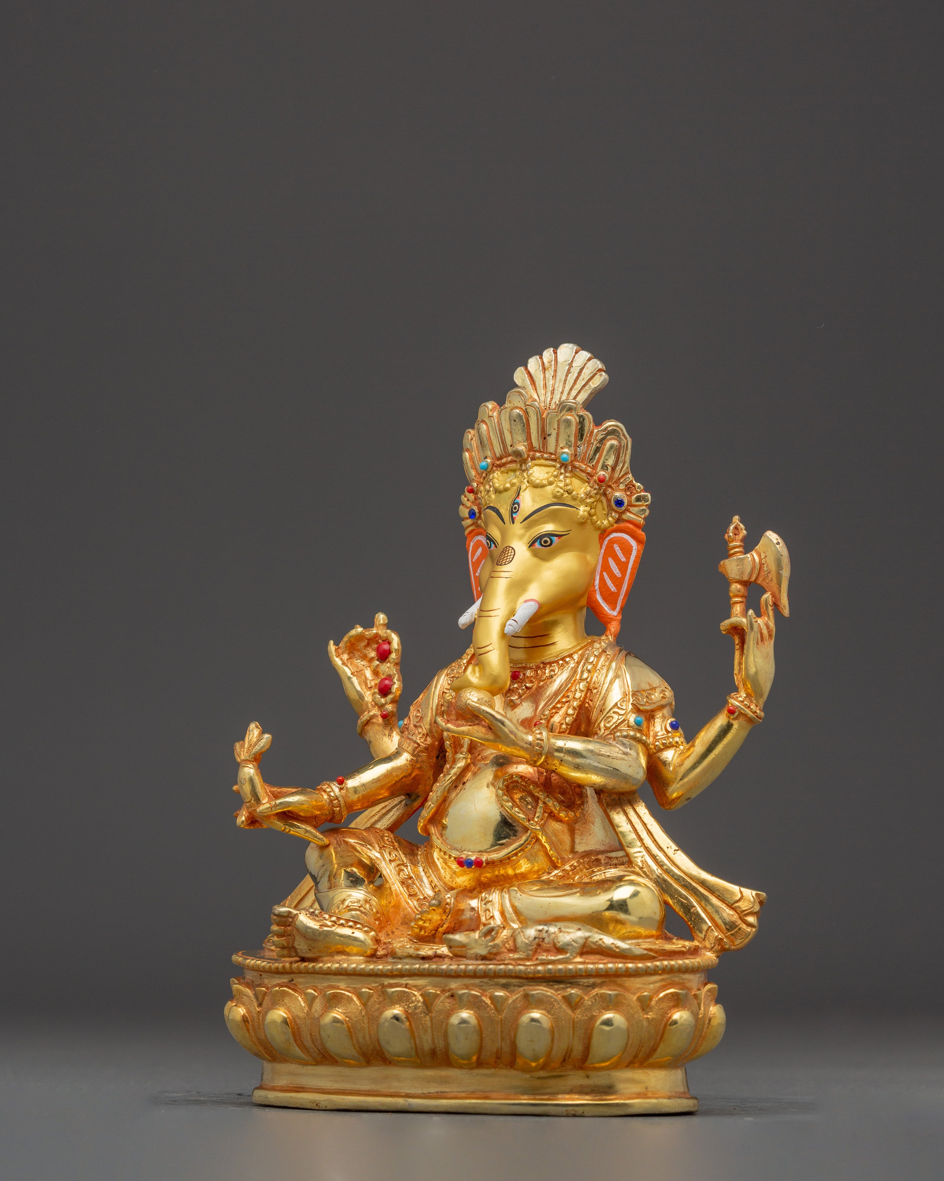 24K Gold-Gilded Ganesh Statue with Gemstones | Sacred Hindu Deity for Wisdom