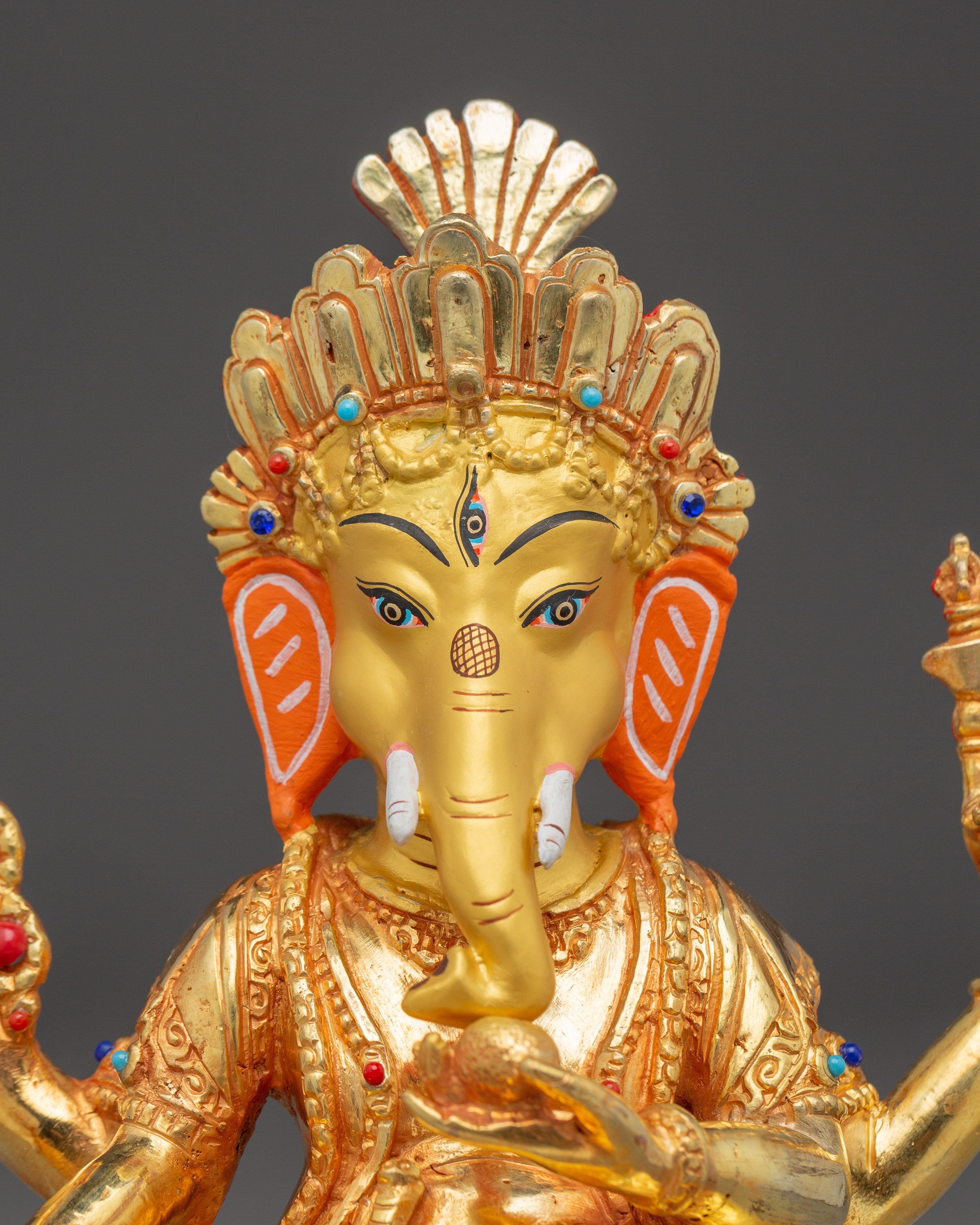 24K Gold-Gilded Ganesh Statue with Gemstones | Sacred Hindu Deity for Wisdom