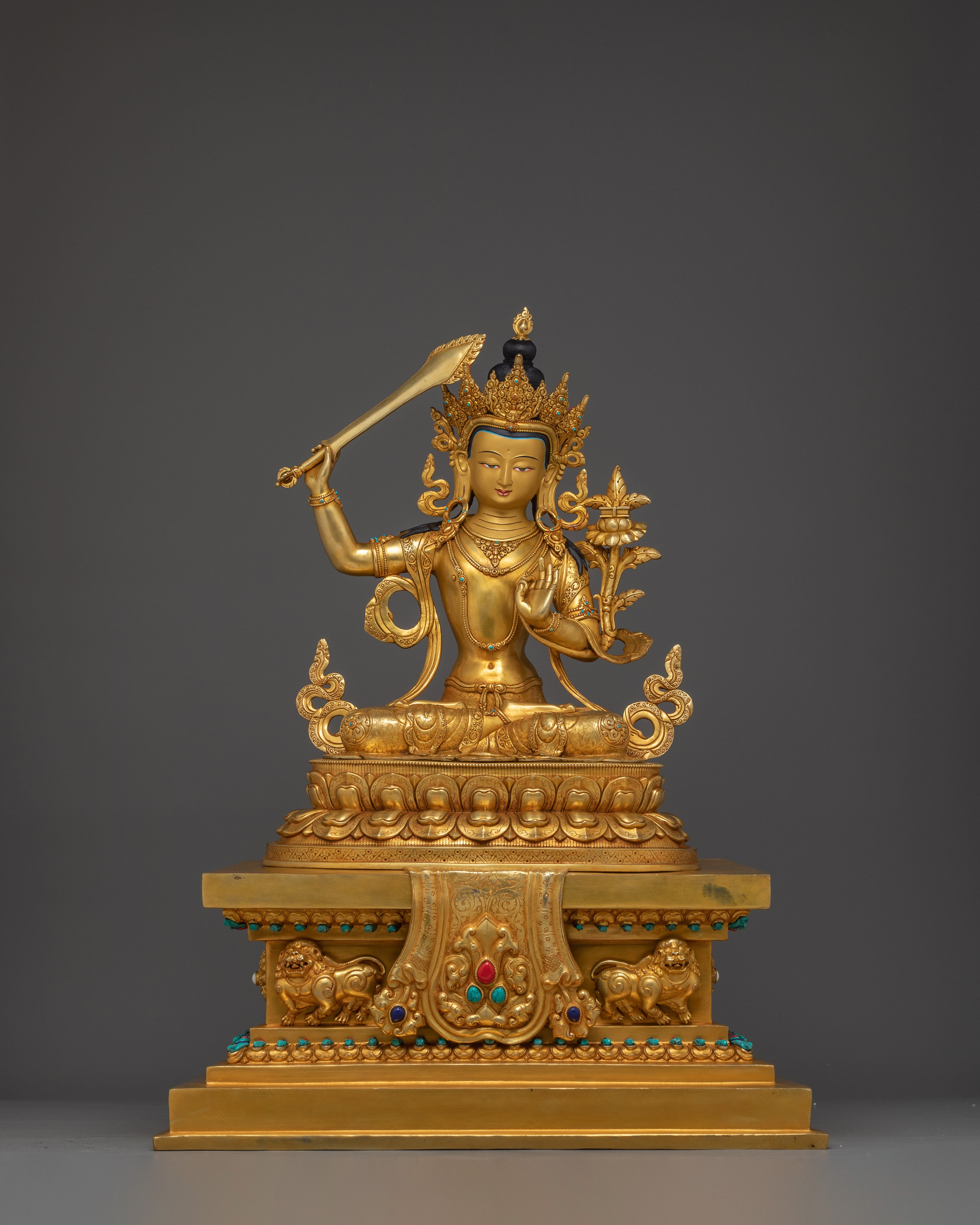 Radiant Manjushri on Throne Statue: Wisdom Bodhisattva