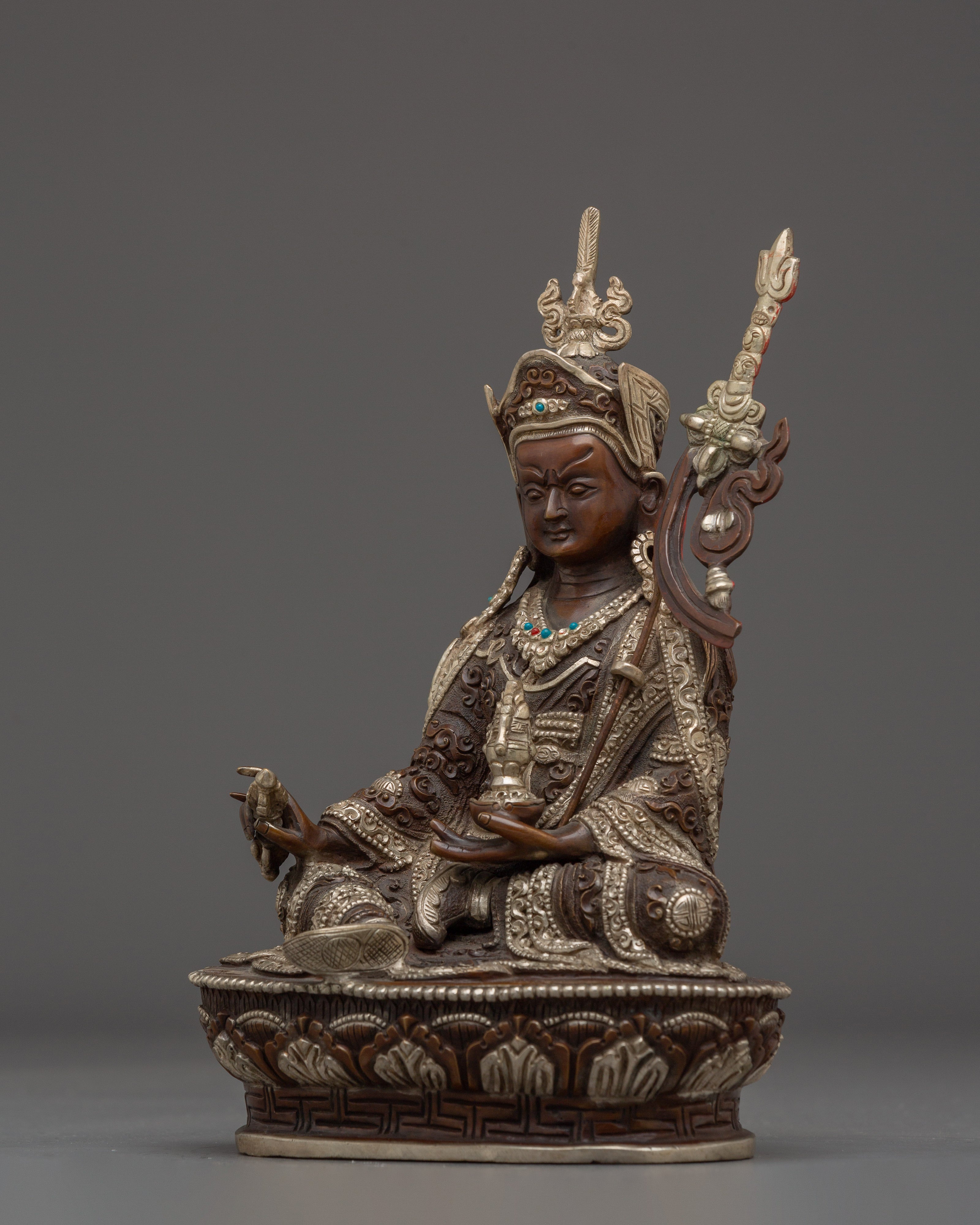 Oxidized and Silver Plated Guru Rinpoche Statue | Lotus Born, Wisdom Given
