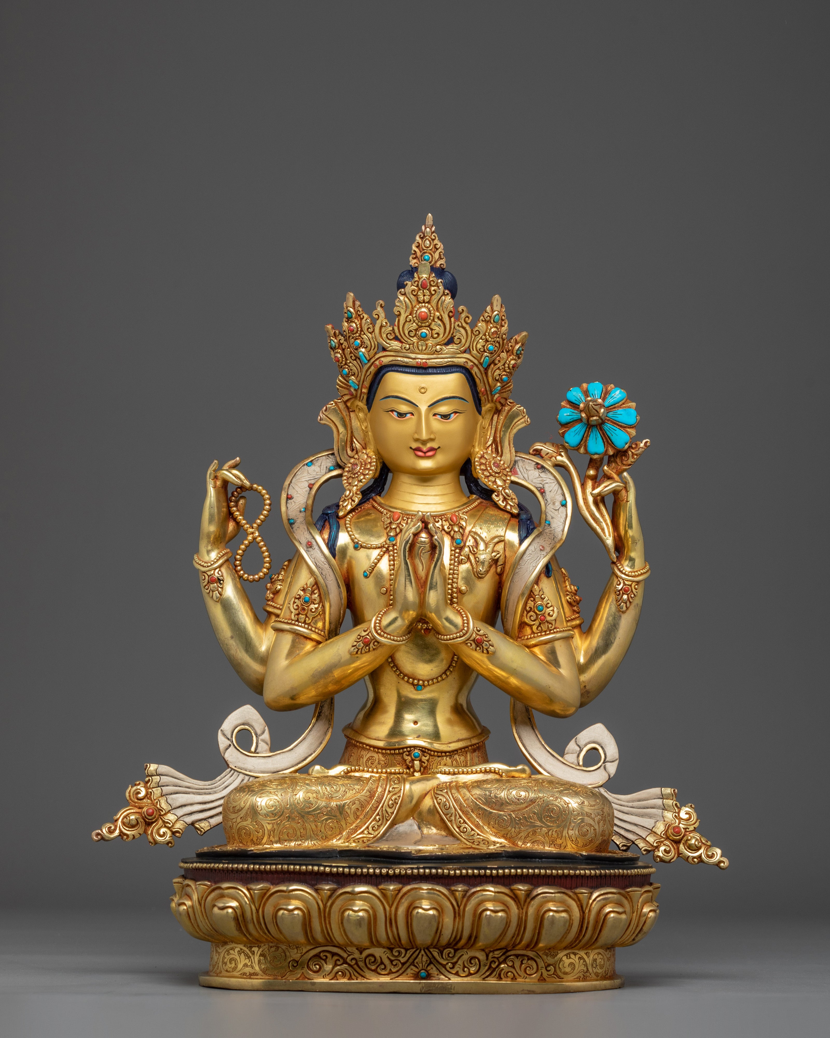 Handmade Golden Chenrezig Statue: Divine Buddhist Bodhisattva