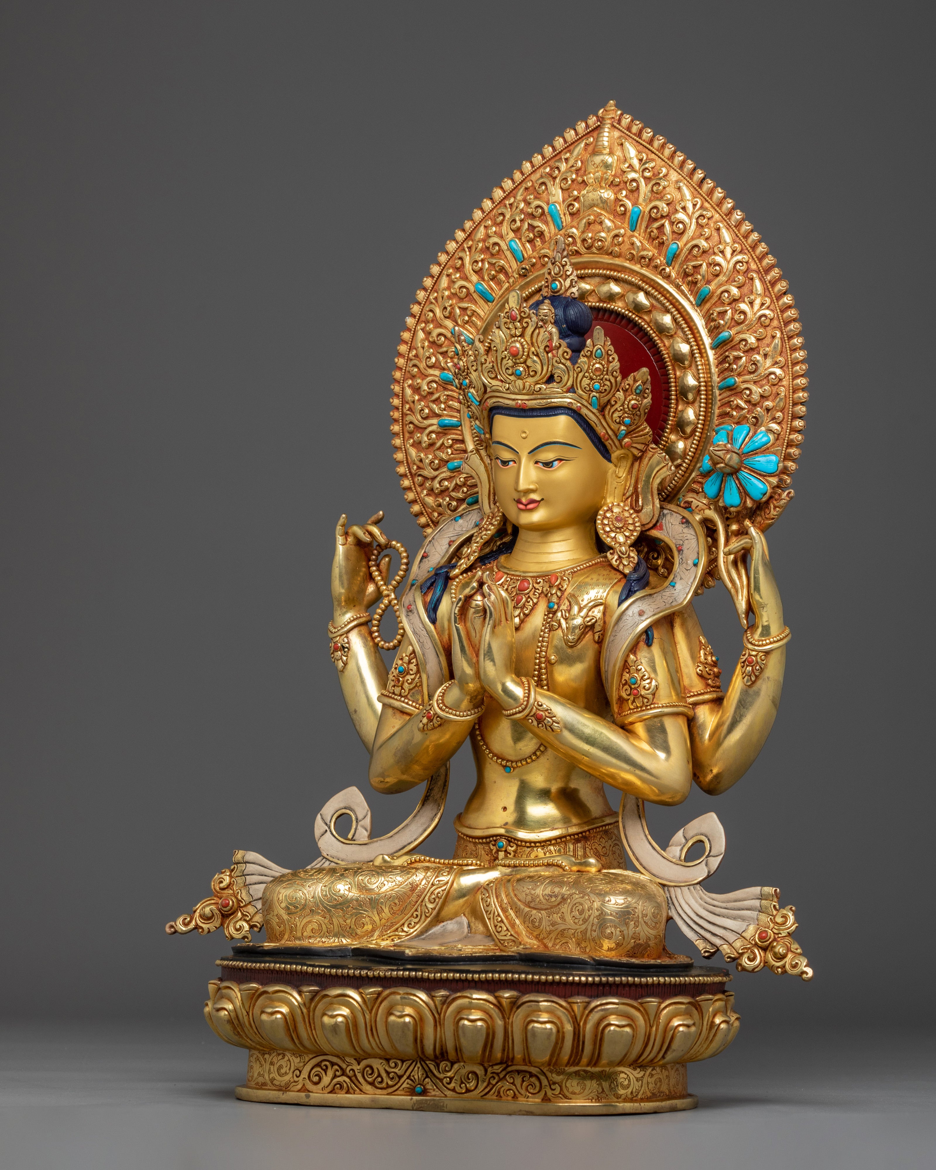 Handmade Golden Chenrezig Statue: Divine Buddhist Bodhisattva