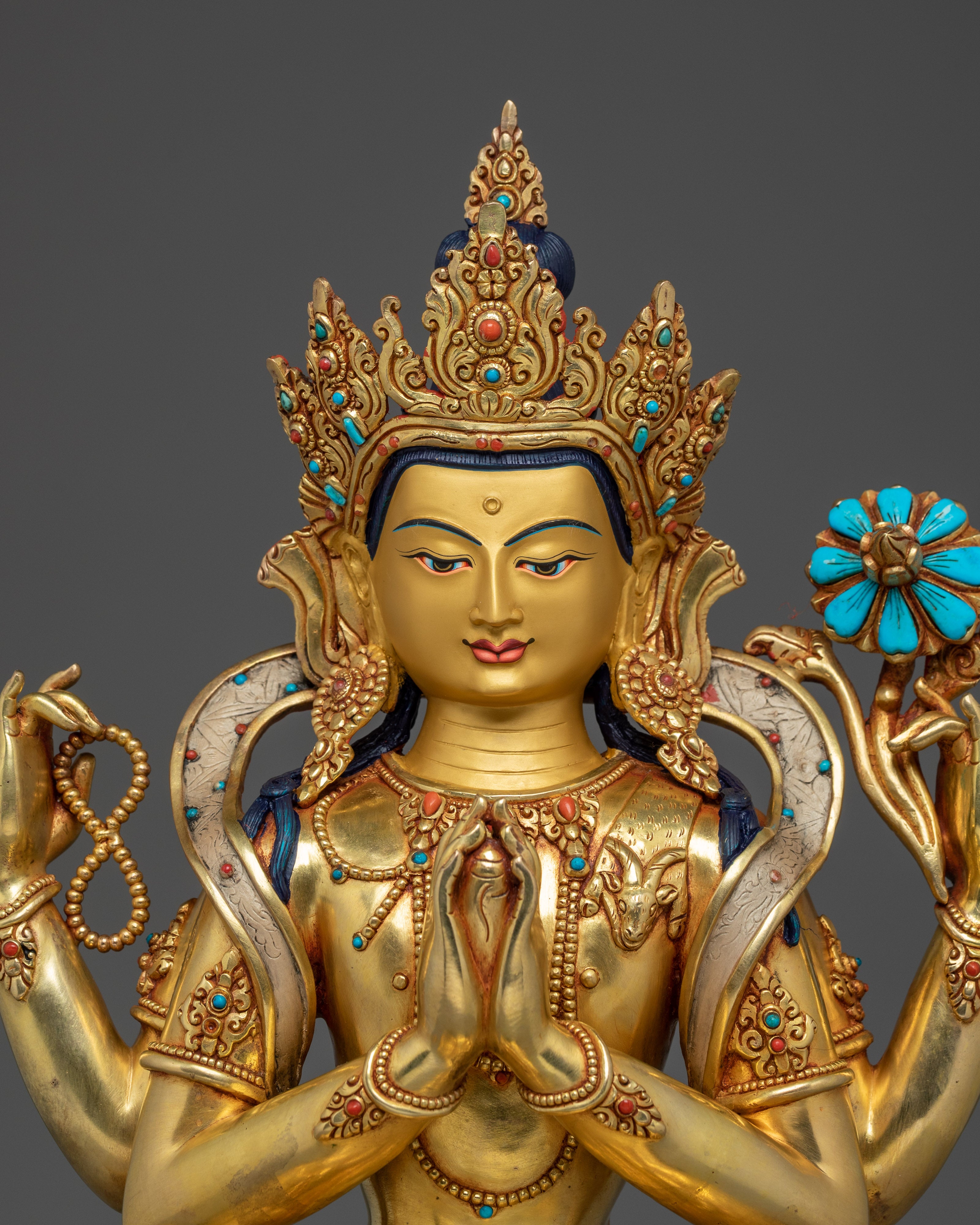 Handmade Golden Chenrezig Statue: Divine Buddhist Bodhisattva