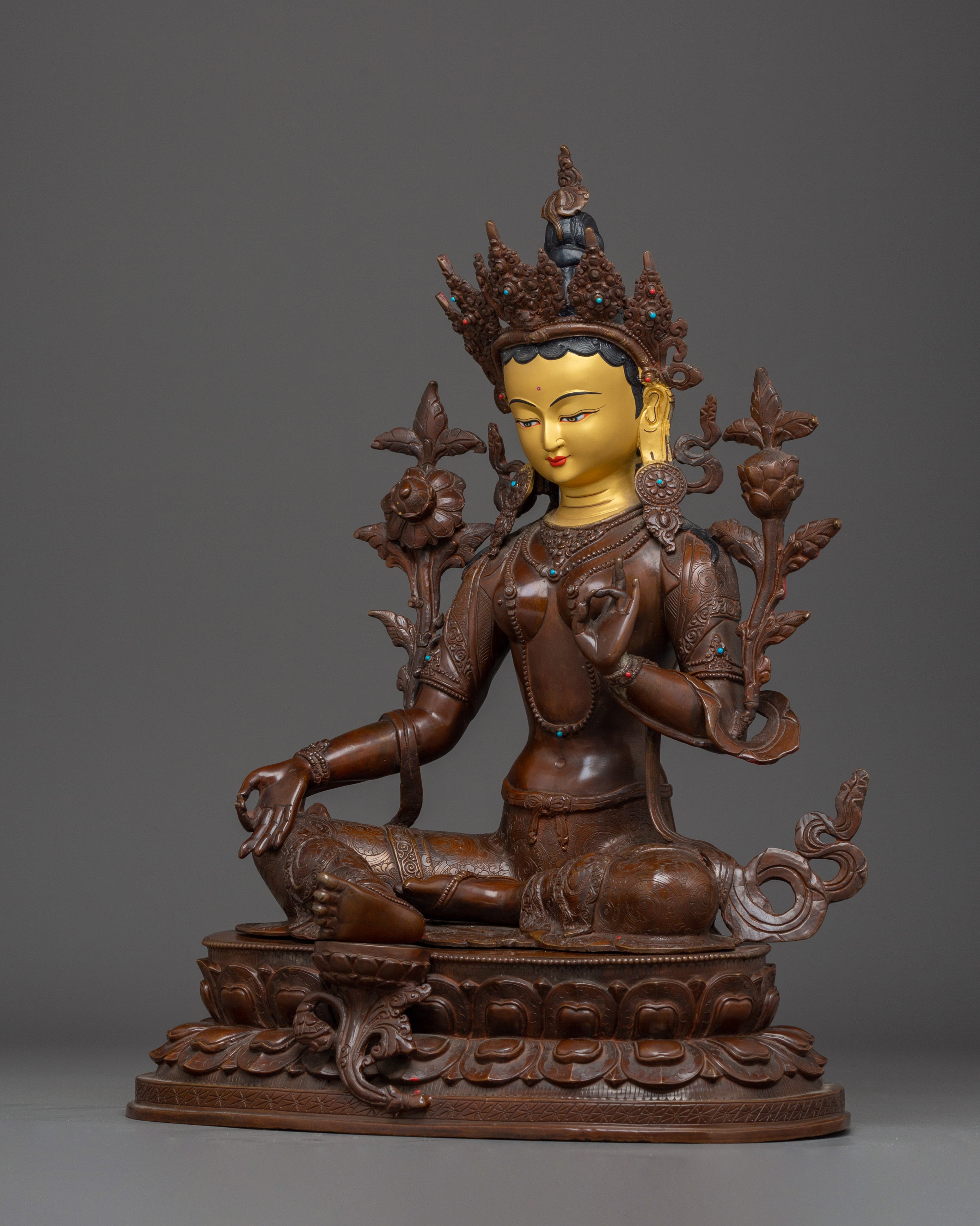 Green Tara Gold & Acrylic Details Statue | Compassion and Spiritual Healing
