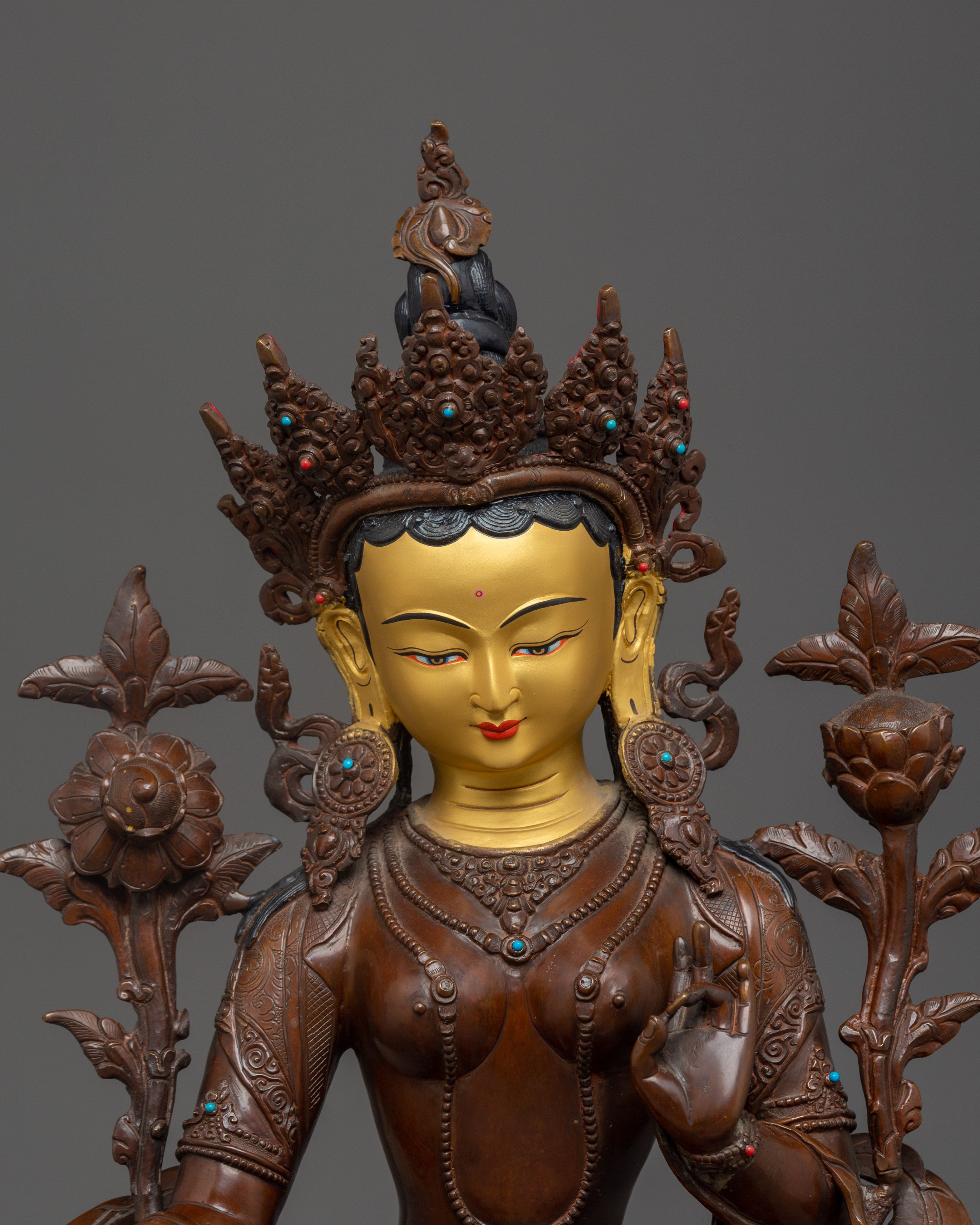 Green Tara Gold & Acrylic Details Statue | Compassion and Spiritual Healing