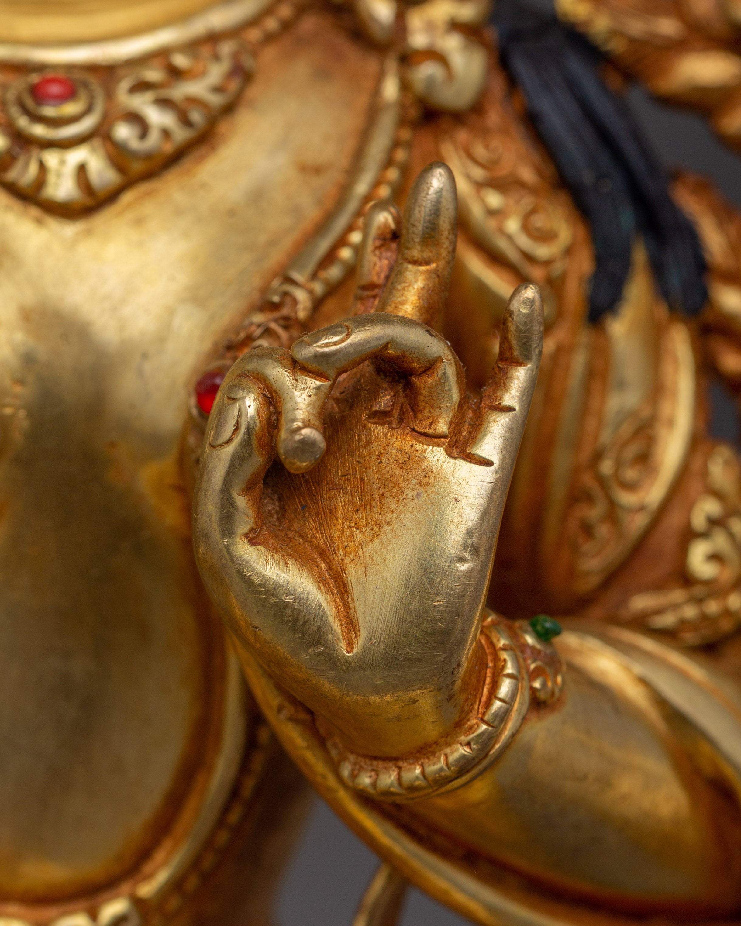 Green Tara with 24K Gold Gilding and Gemstones Statue | Perfect for Meditation