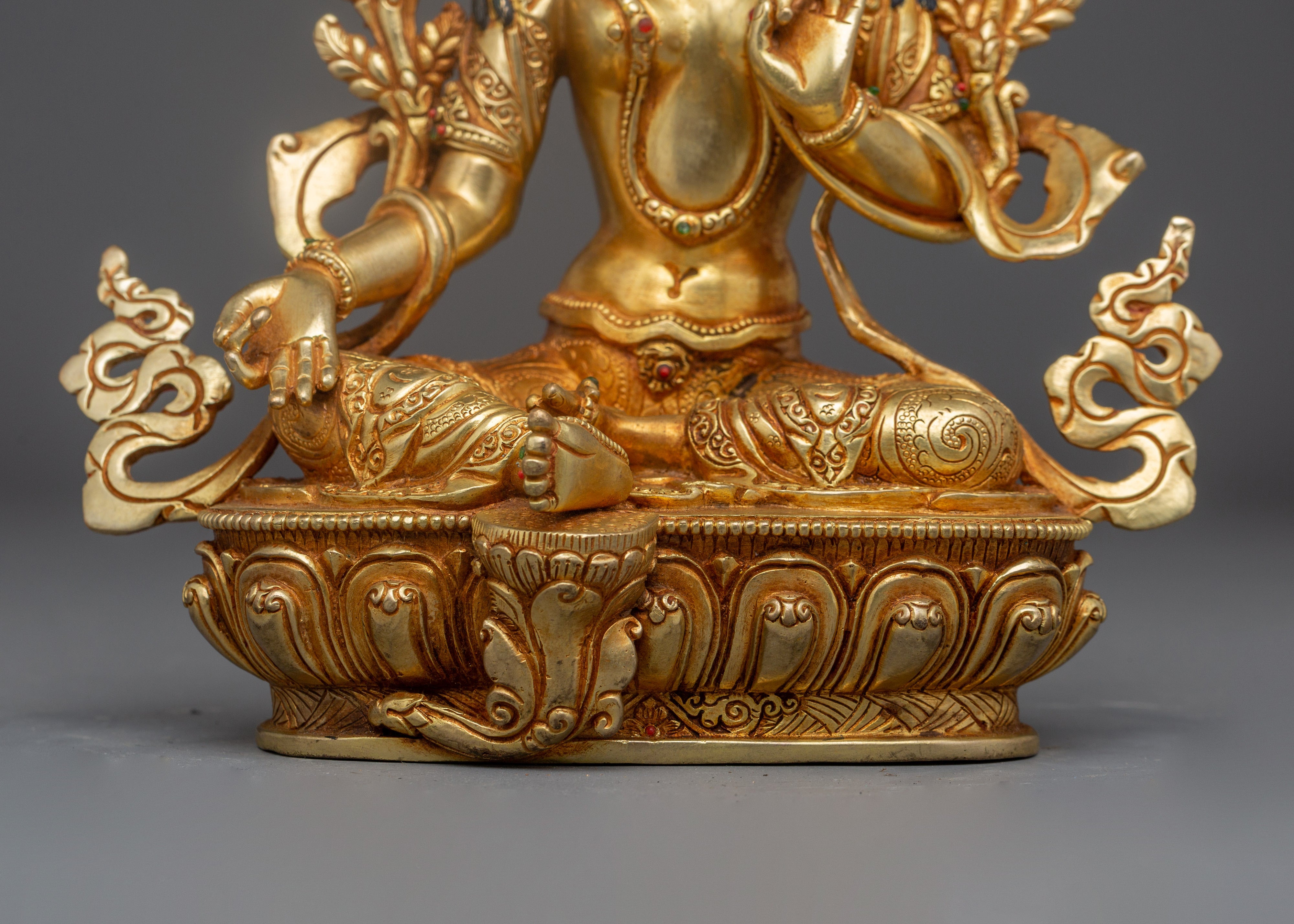 Green Tara with 24K Gold Gilding and Gemstones Statue | Perfect for Meditation