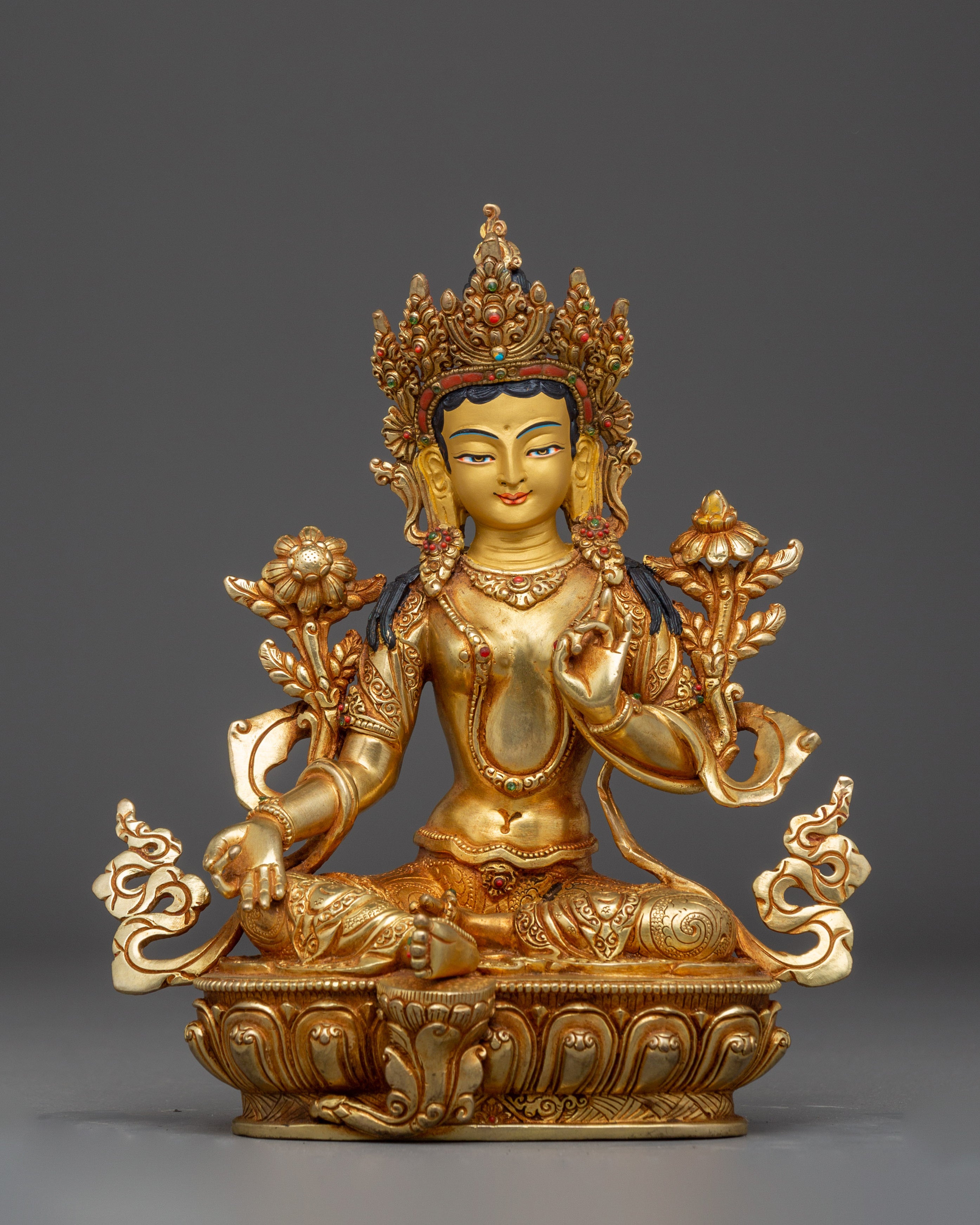 Green Tara with 24K Gold Gilding and Gemstones Statue