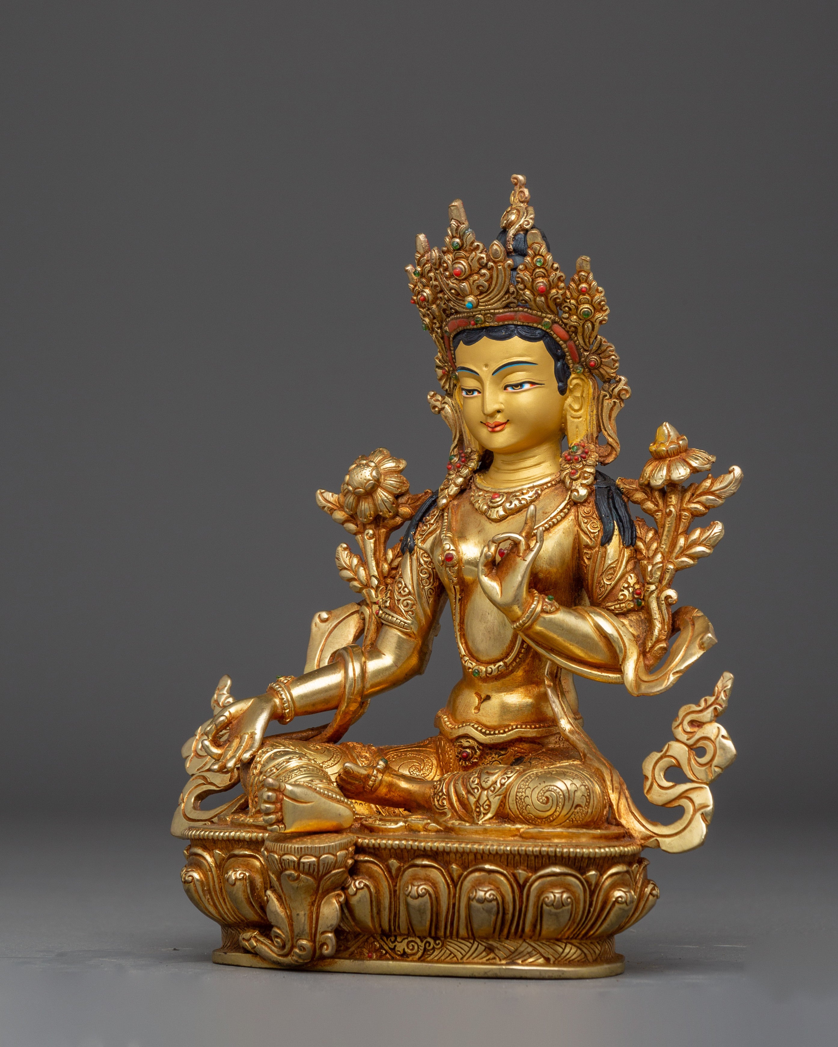 Green Tara with 24K Gold Gilding and Gemstones Statue | Perfect for Meditation