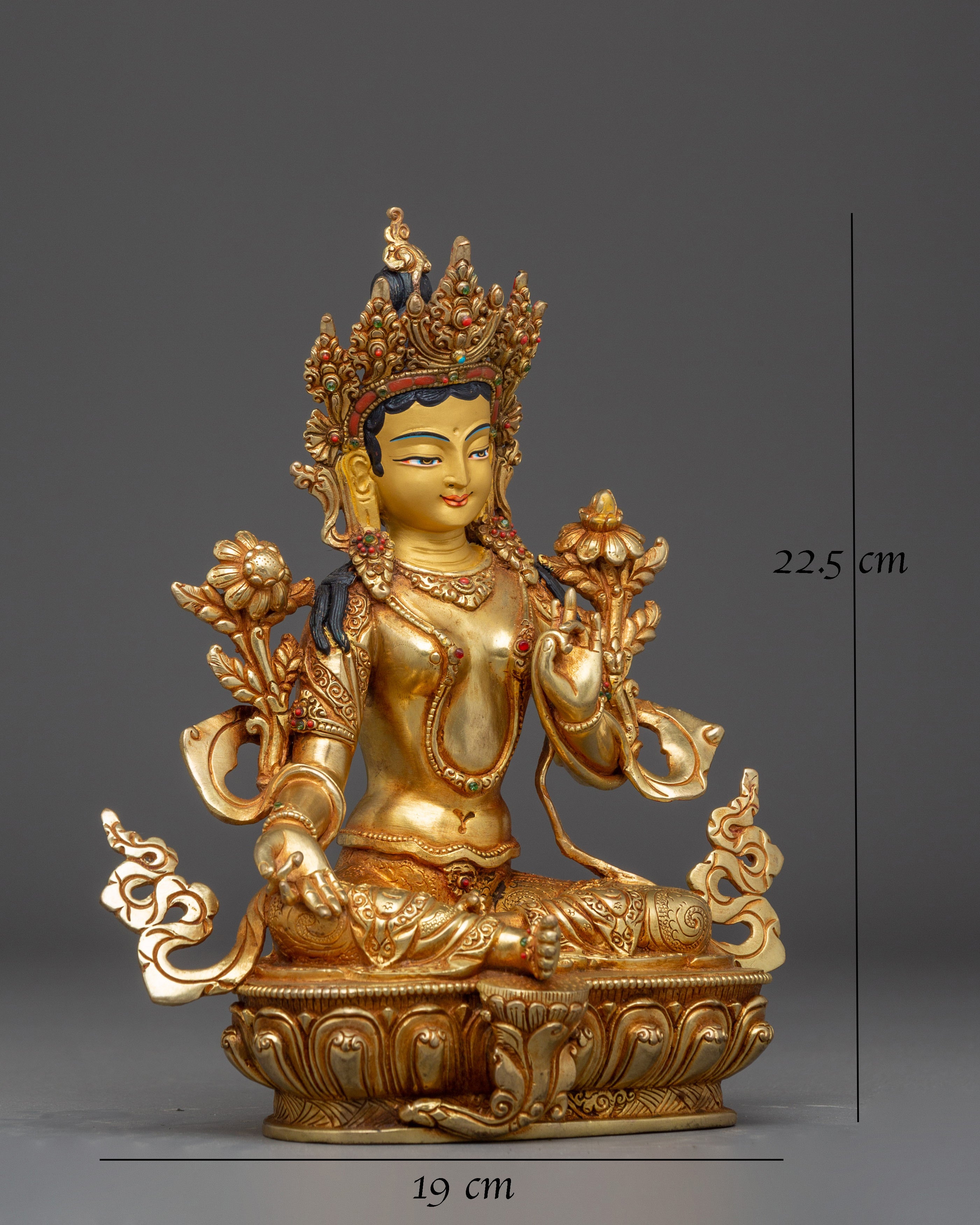 Green Tara with 24K Gold Gilding and Gemstones Statue | Perfect for Meditation