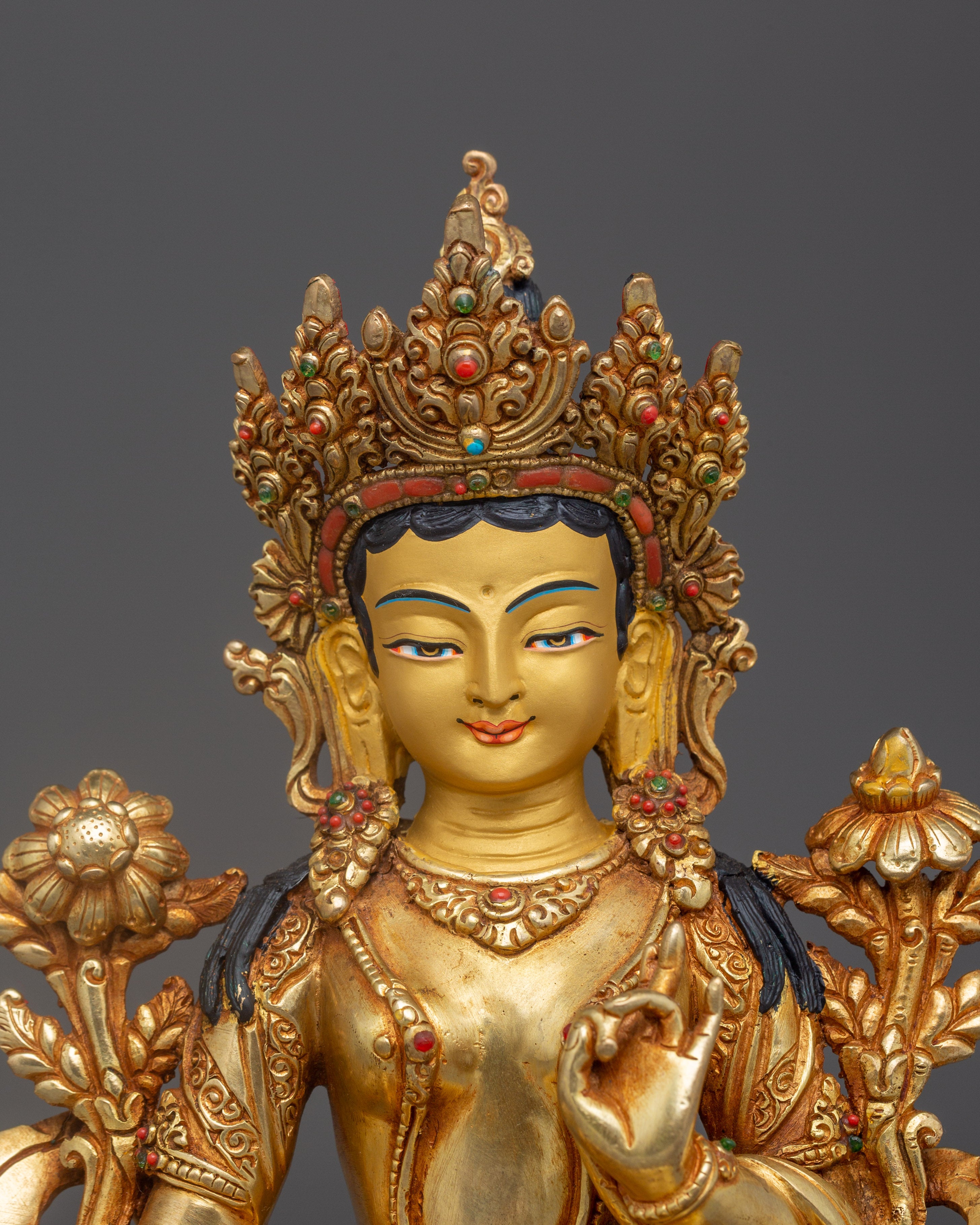 Green Tara with 24K Gold Gilding and Gemstones Statue | Perfect for Meditation