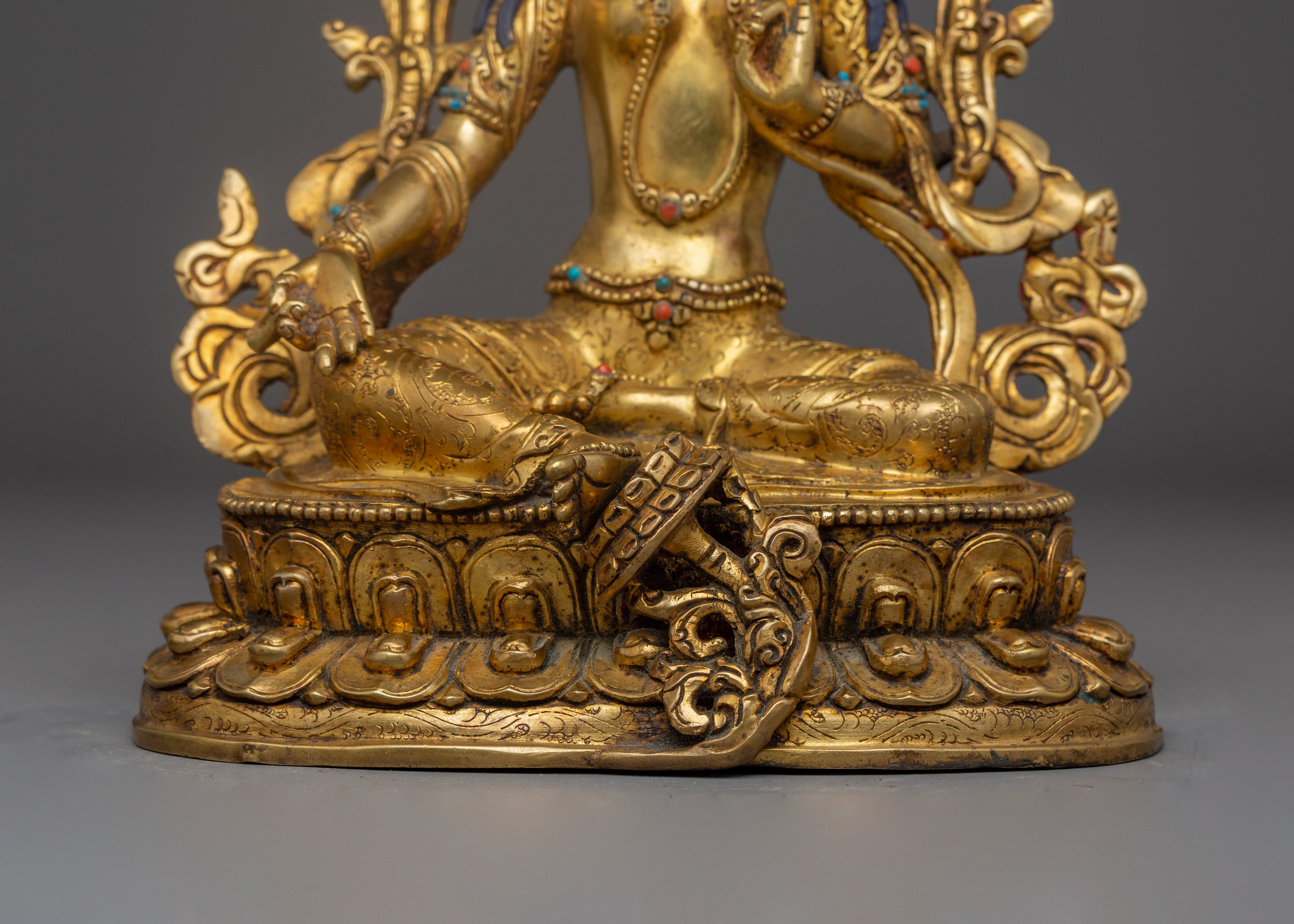 Green Tara Statue for Meditation Decor | Spiritual Gemstones Inlay